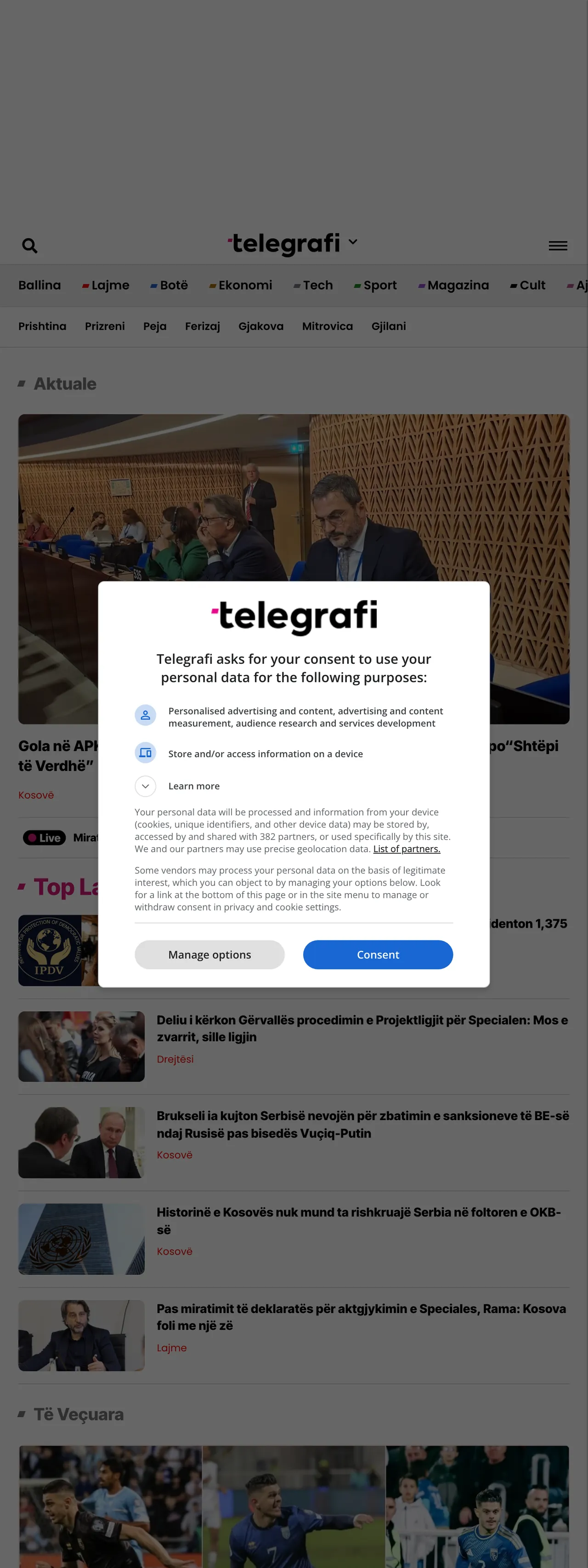 Screenshot of the Telegrafi front page
