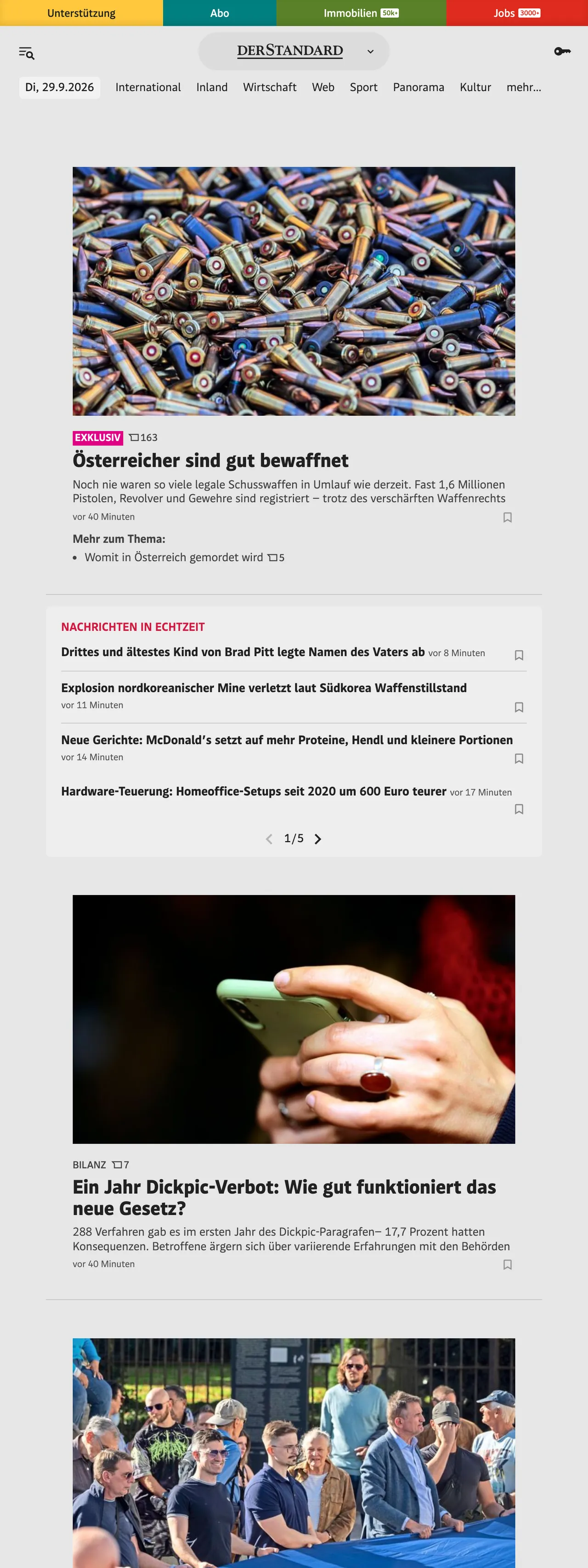 Screenshot of the DER STANDARD front page