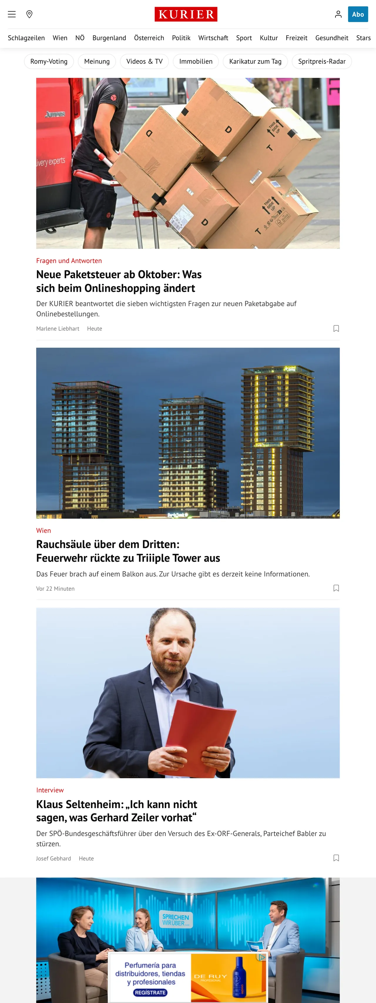 Screenshot of the Kurier front page