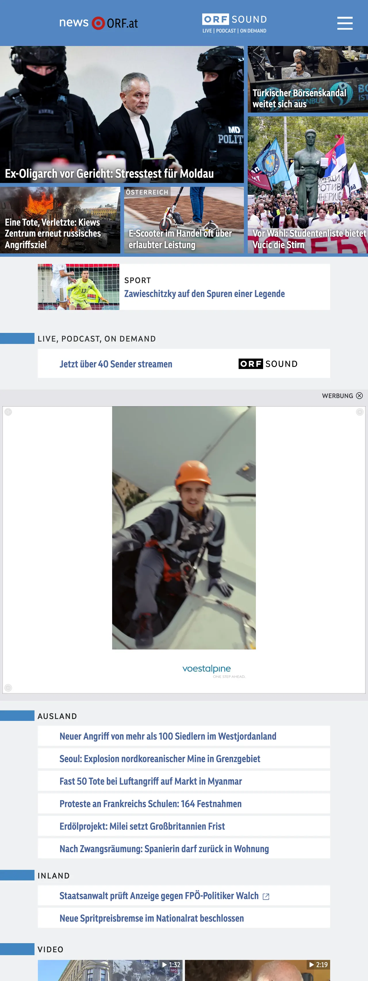 Screenshot of the ORF front page