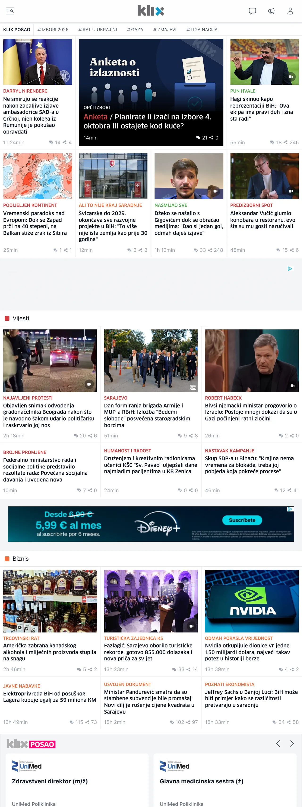 Screenshot of the Klix.ba front page