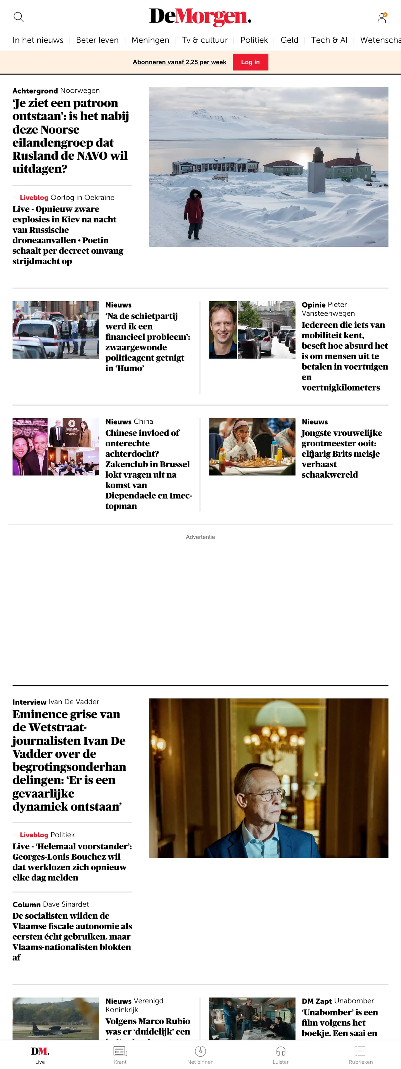 Screenshot of the De Morgen front page