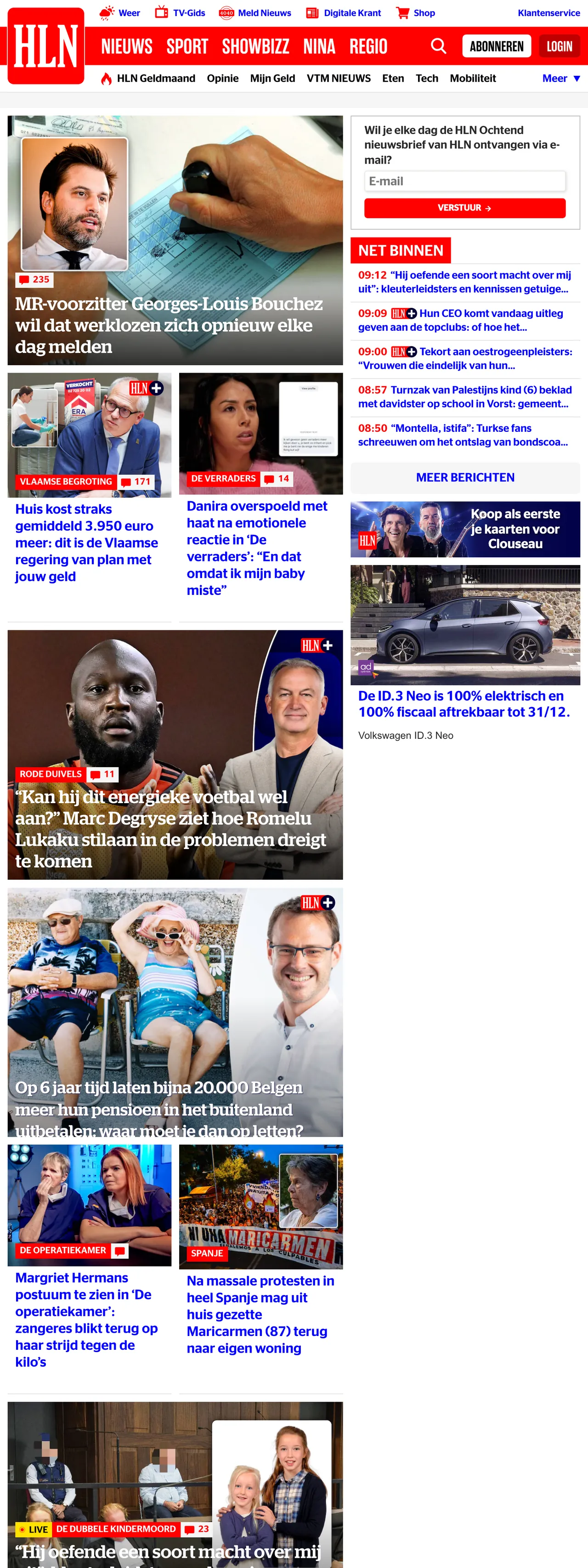 Screenshot of the HLN front page