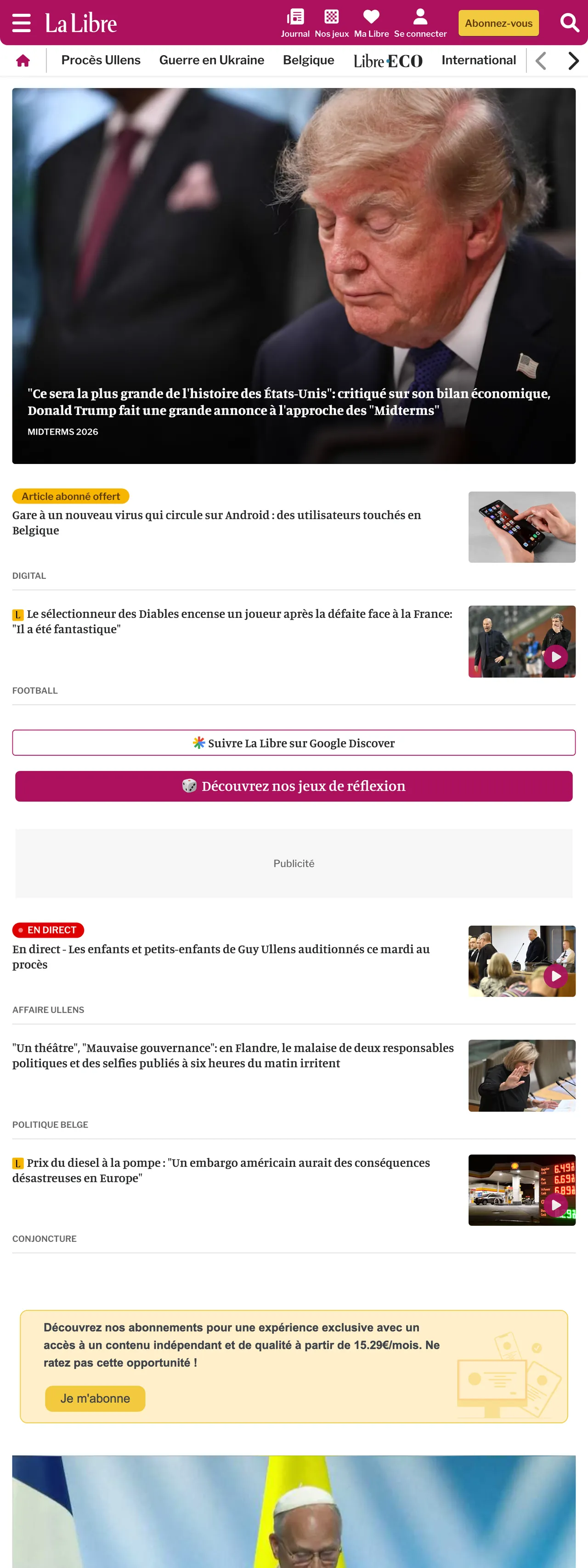 Screenshot of the La Libre front page