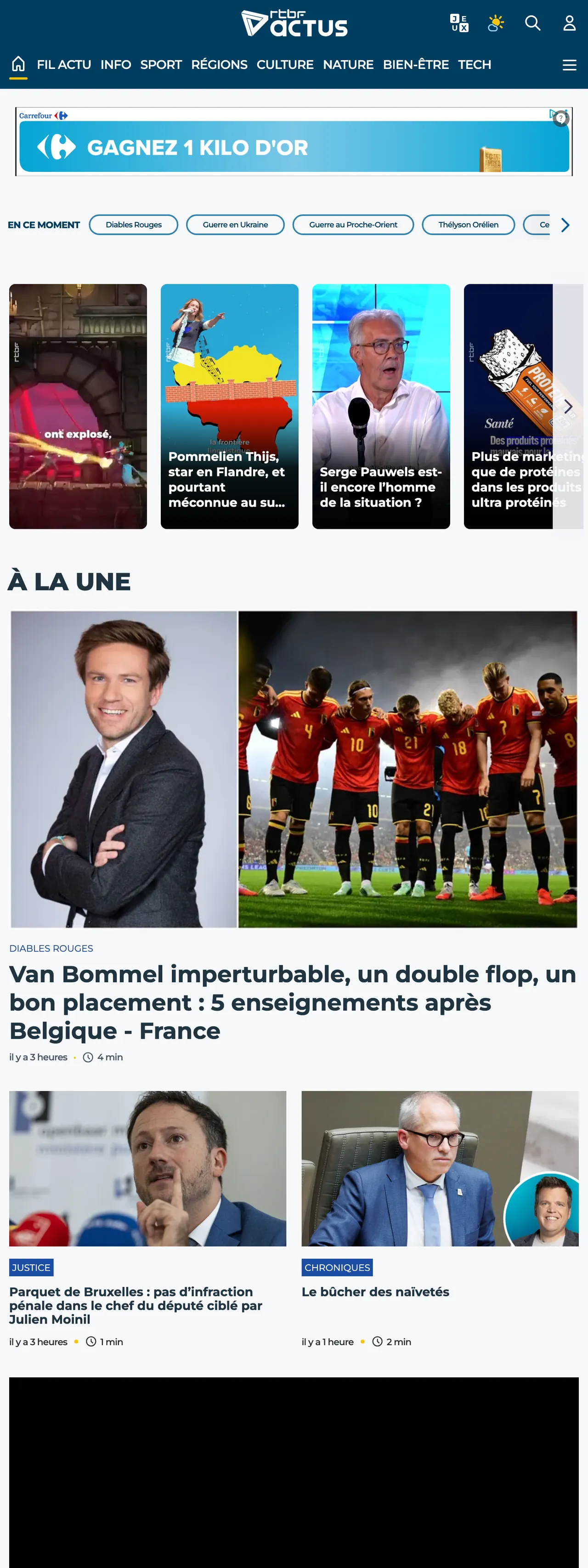 Screenshot of the RTBF front page
