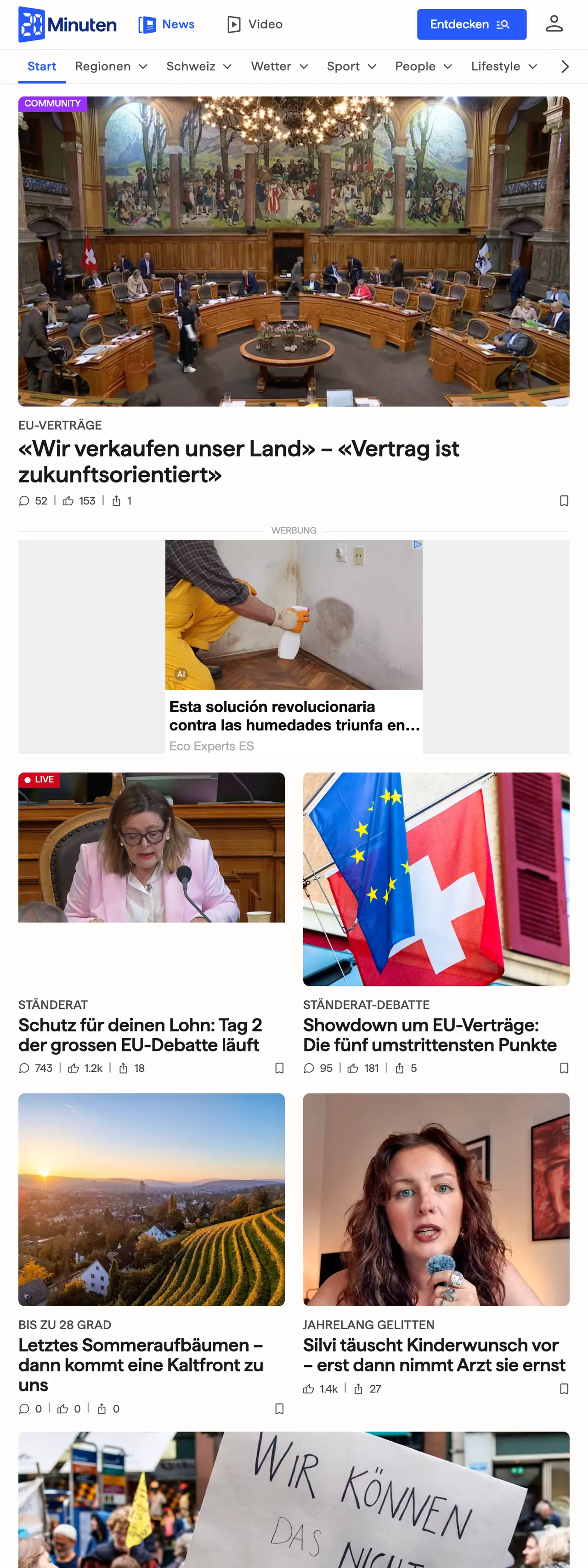 Screenshot of the 20 Minuten front page