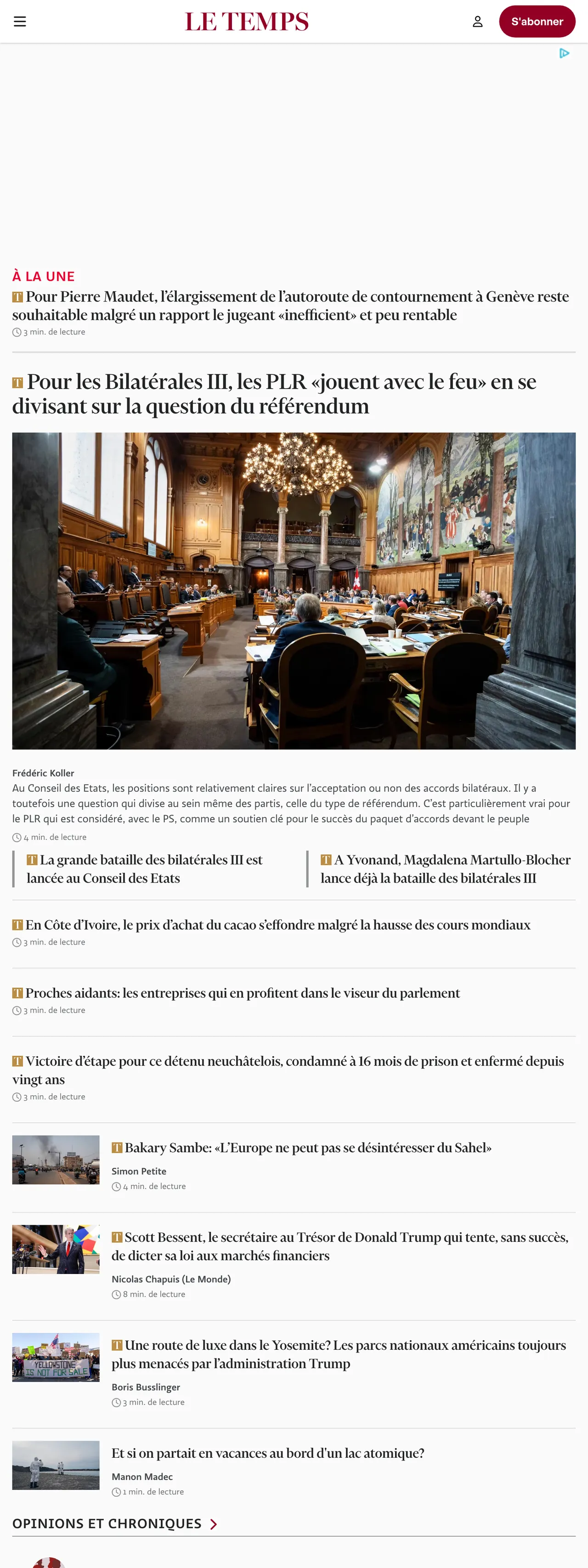 Screenshot of the Le Temps front page