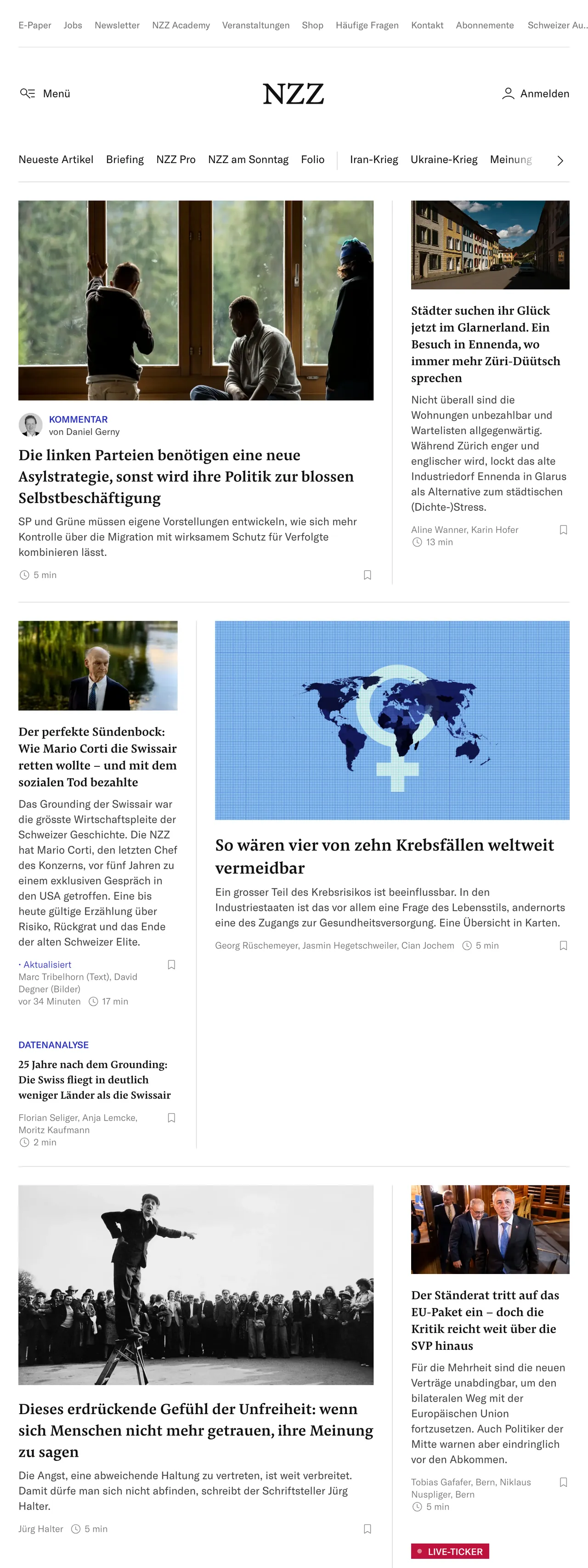 Screenshot of the Neue Zürcher Zeitung front page