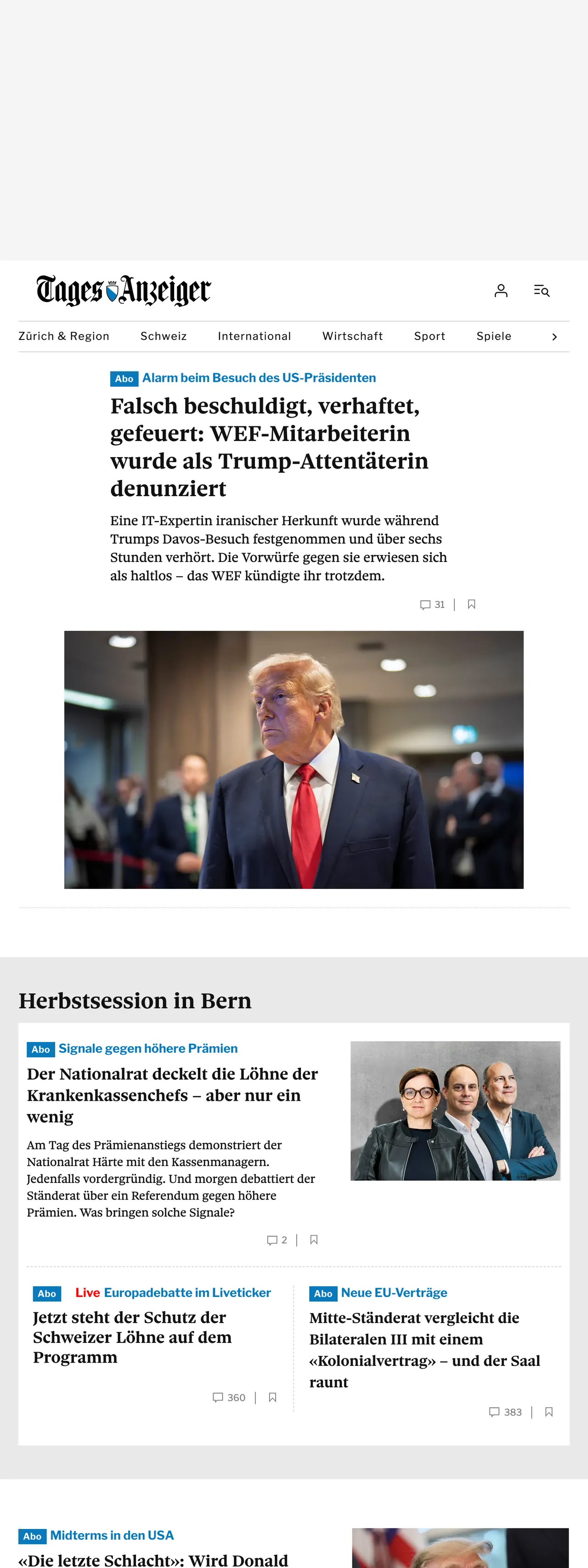 Screenshot of the Tages-Anzeiger front page