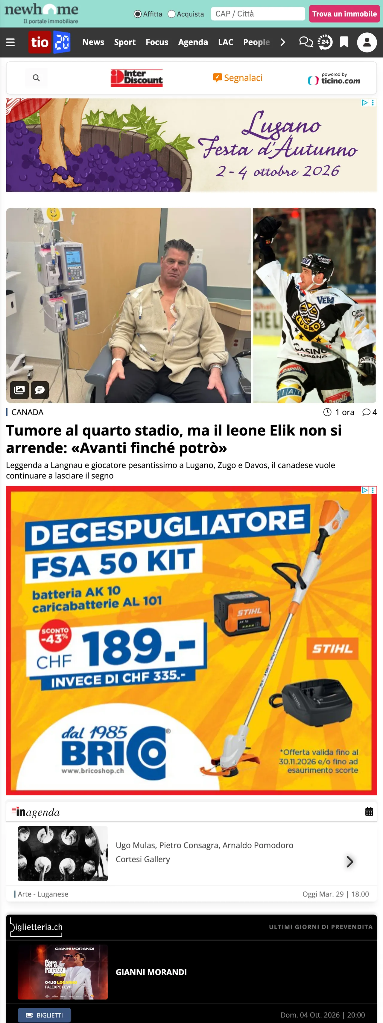 Screenshot of the Ticinonline front page
