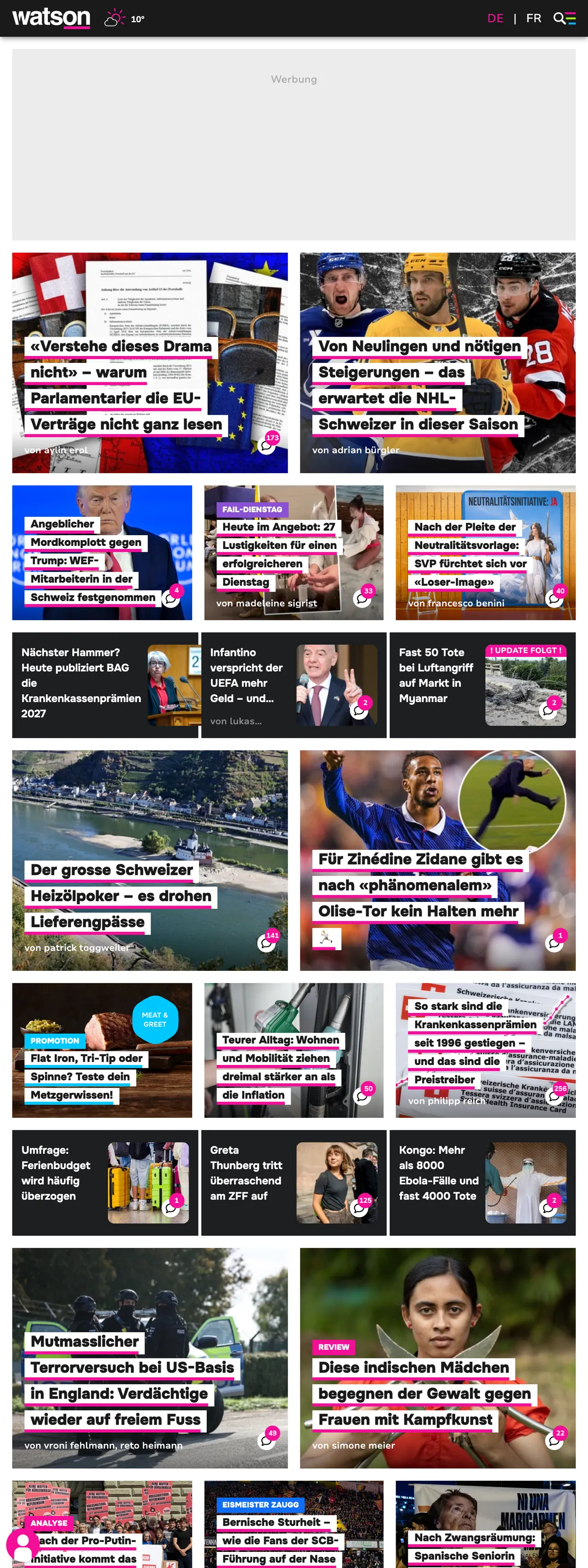 Screenshot of the watson front page