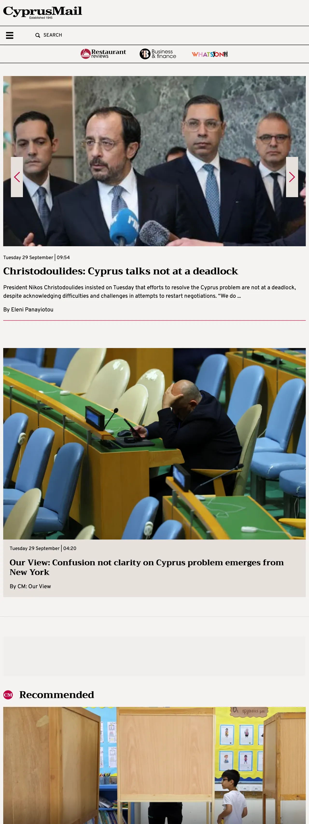 Screenshot of the Cyprus Mail front page