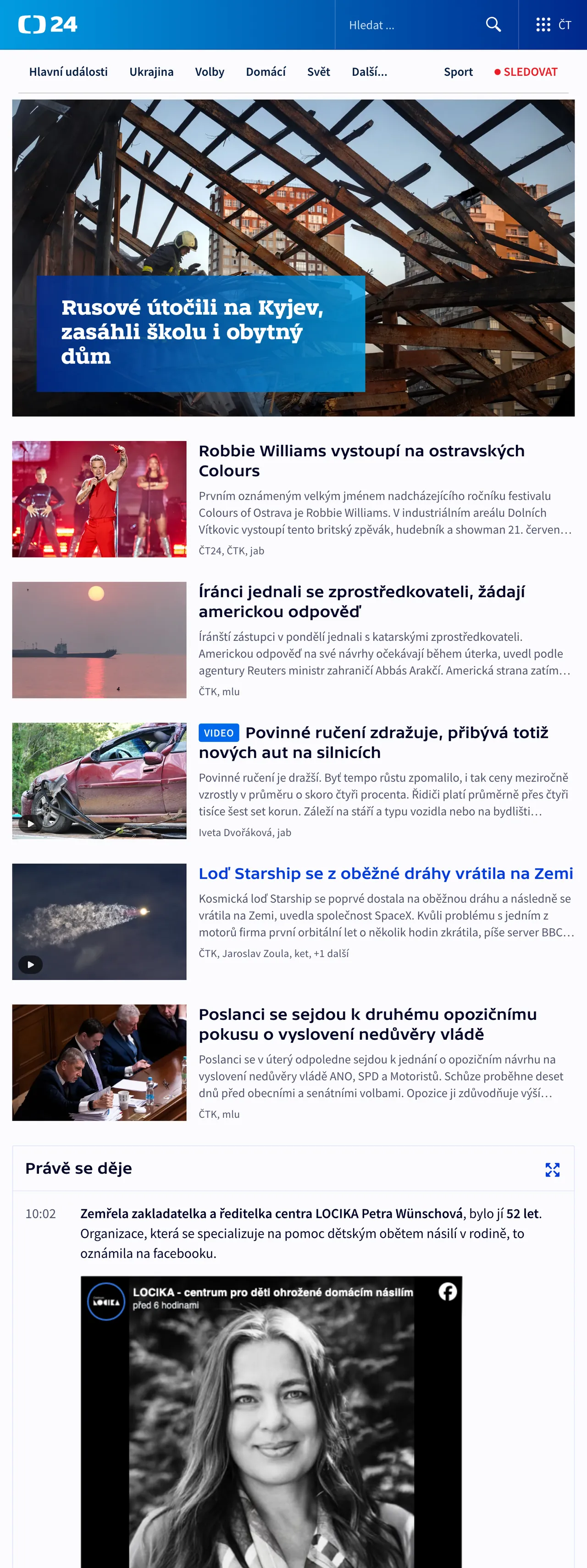Screenshot of the ČT24 front page