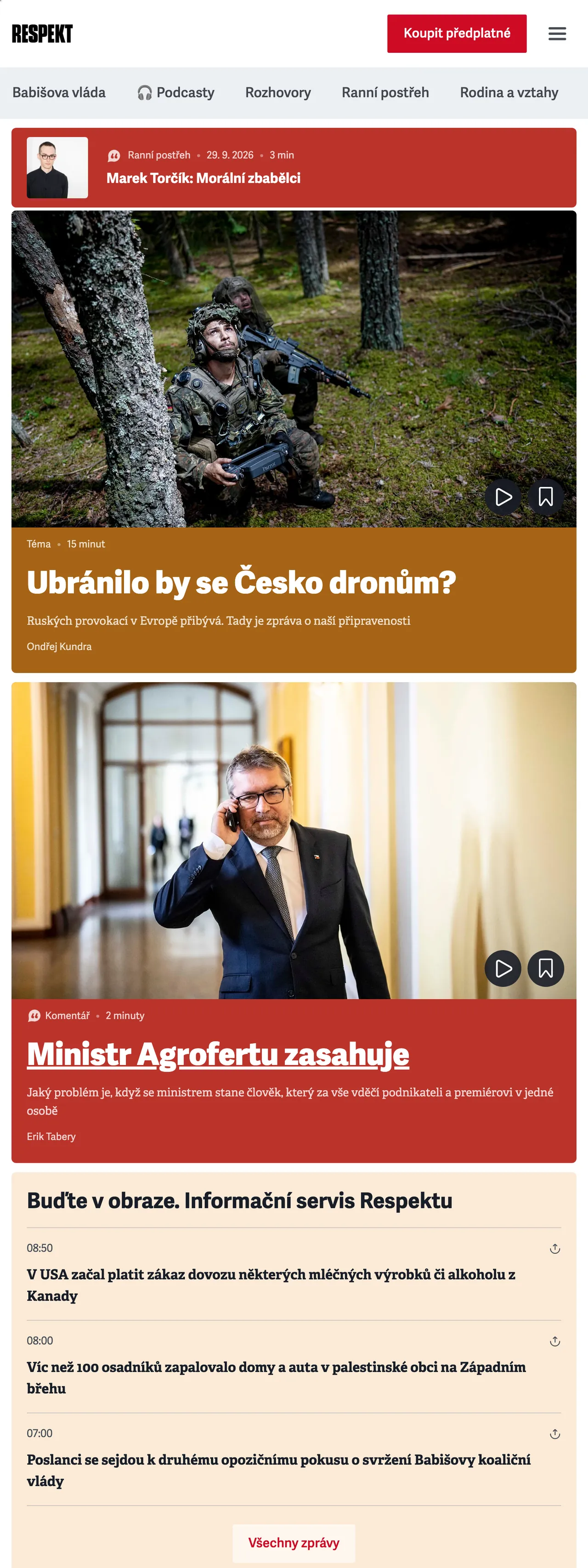Screenshot of the Respekt front page