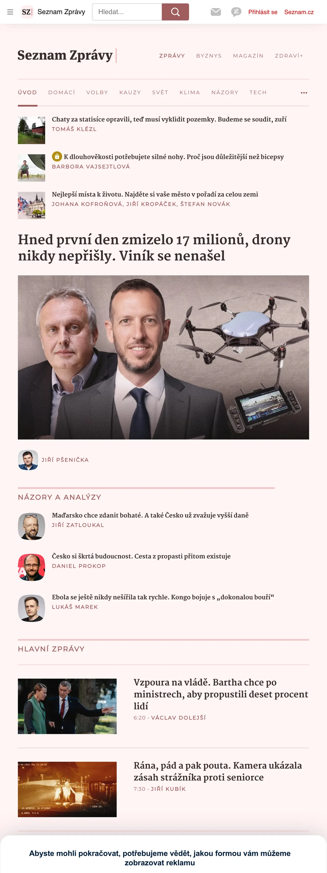 Screenshot of the Seznam Zprávy front page