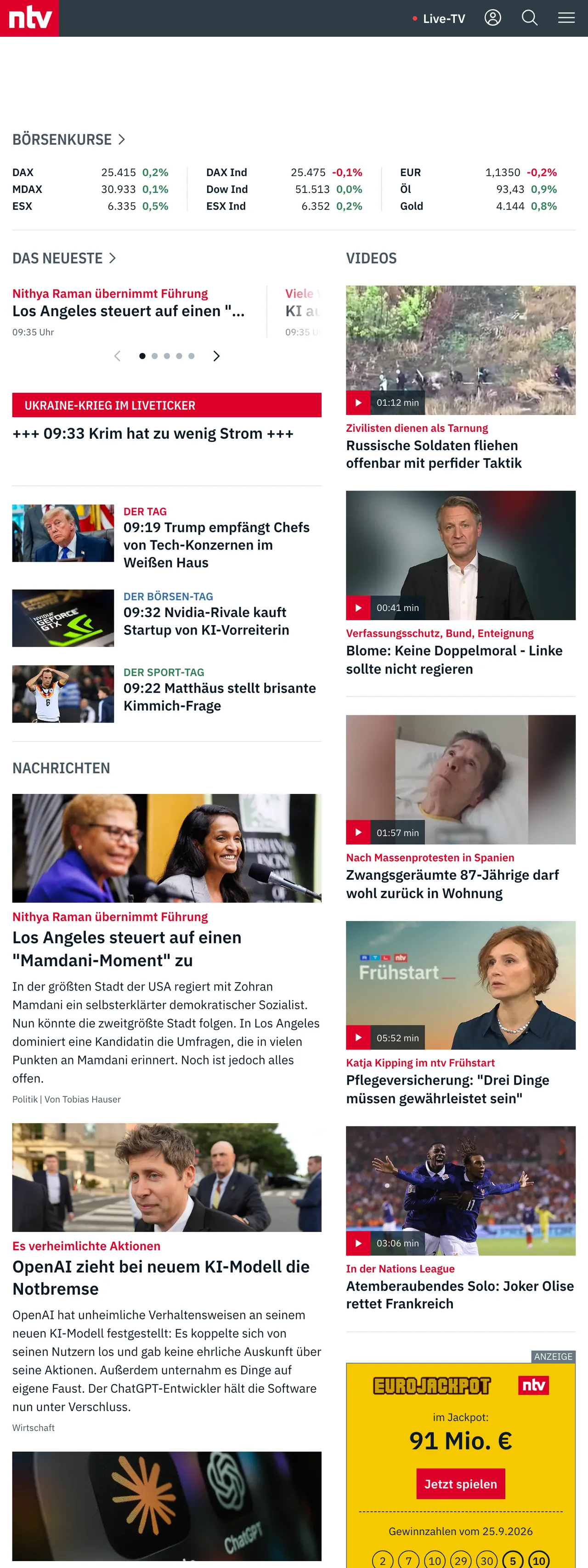 Screenshot of the n-tv front page