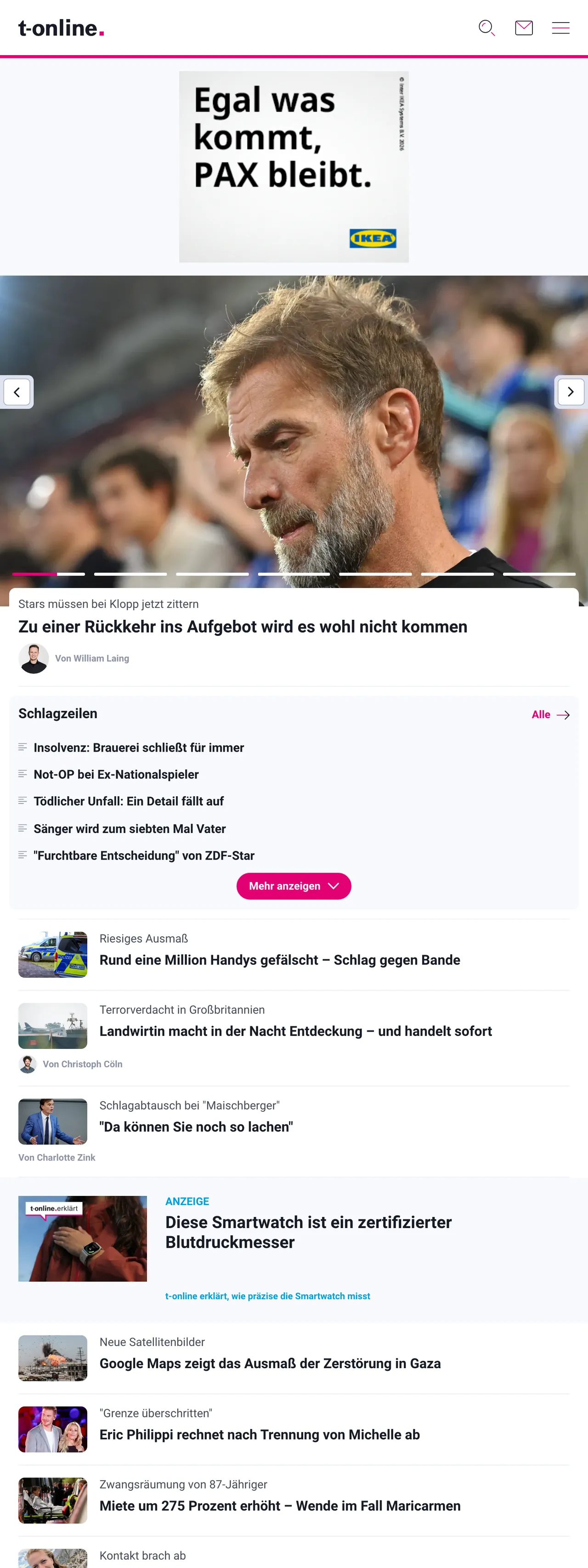 Screenshot of the t-online front page