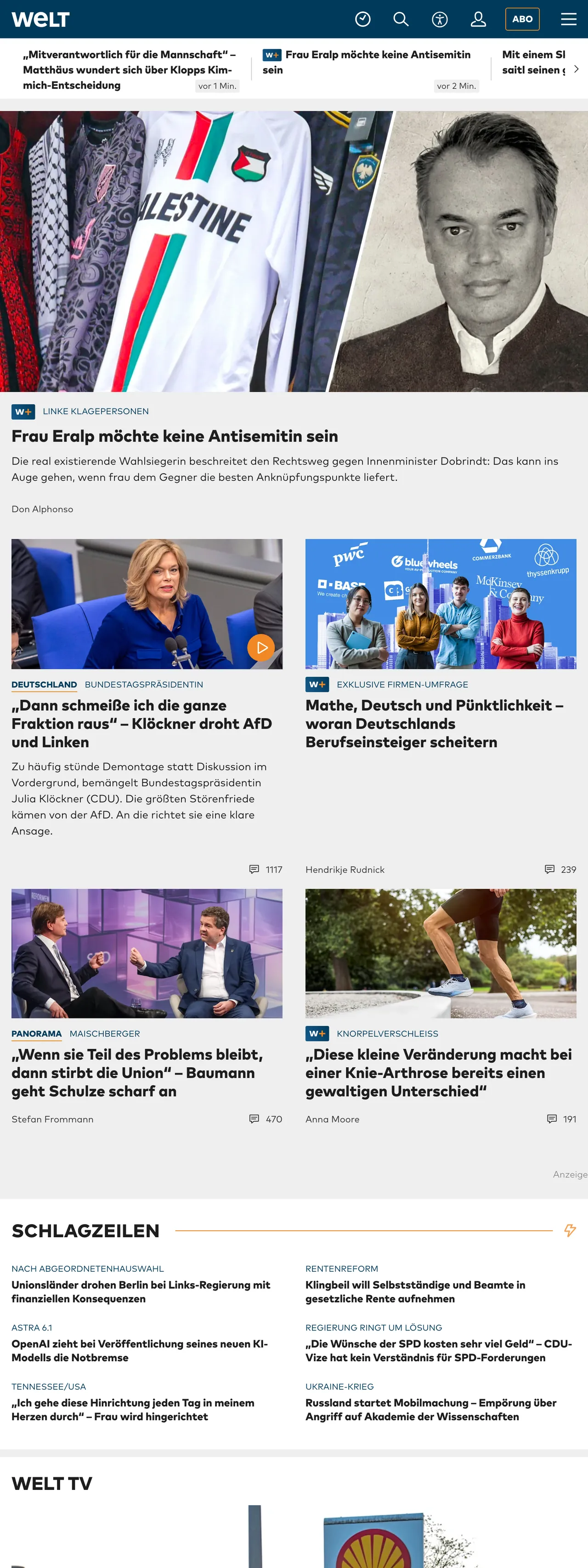Screenshot of the WELT front page