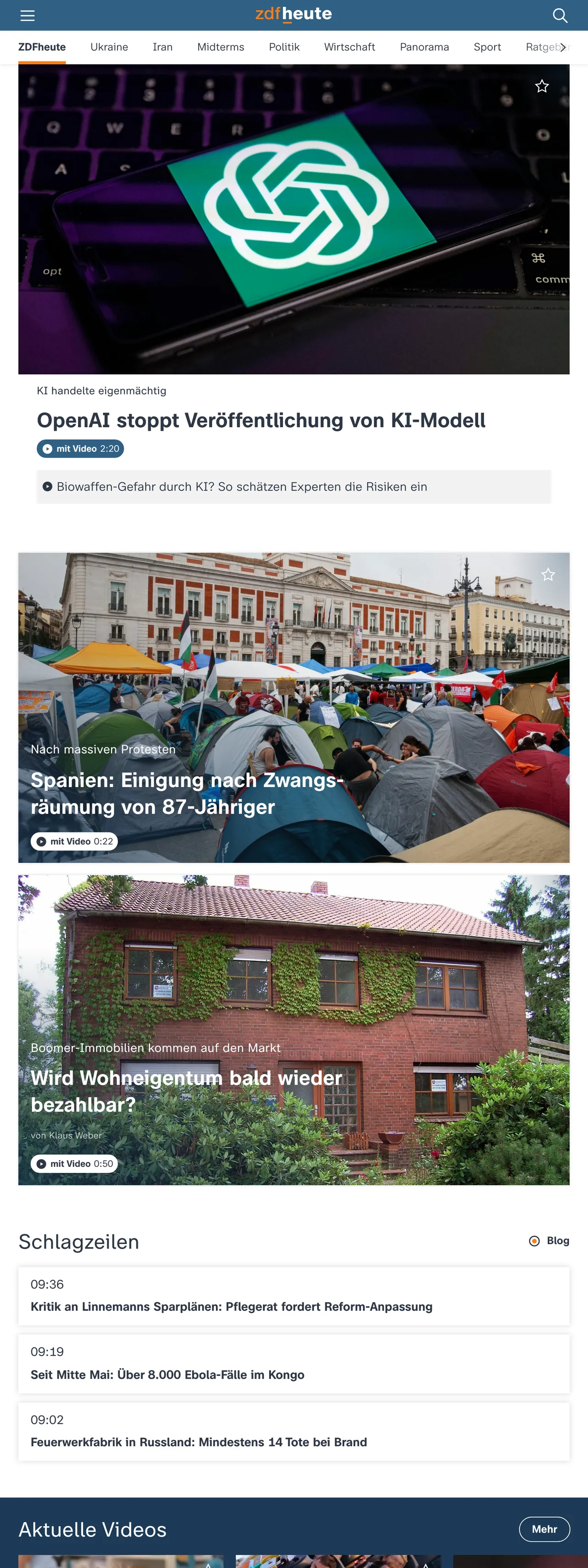Screenshot of the ZDFheute front page