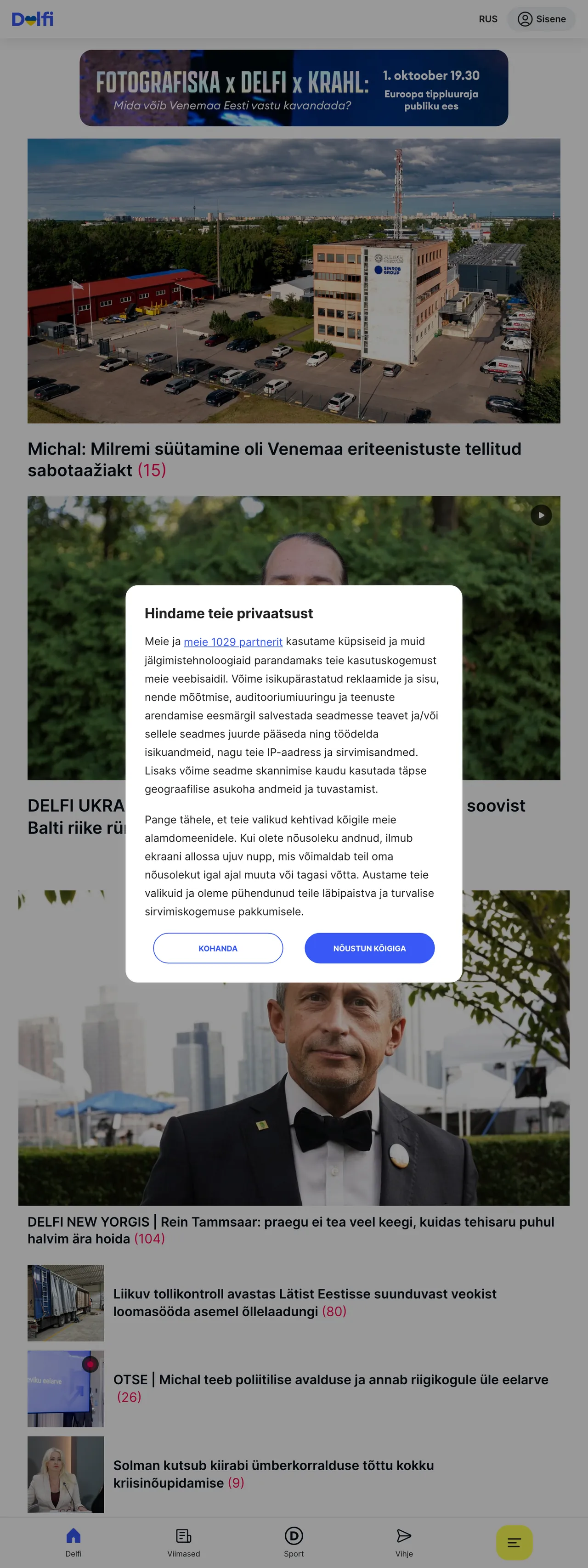 Screenshot of the Delfi front page