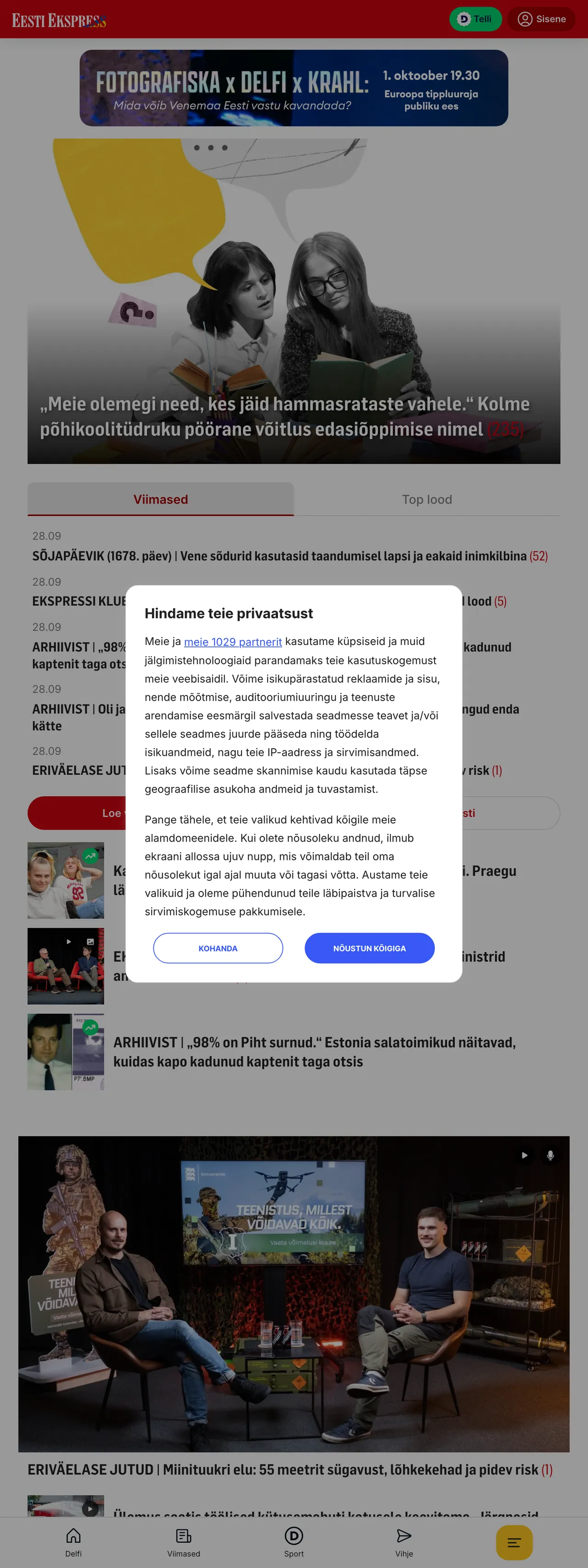 Screenshot of the Eesti Ekspress front page