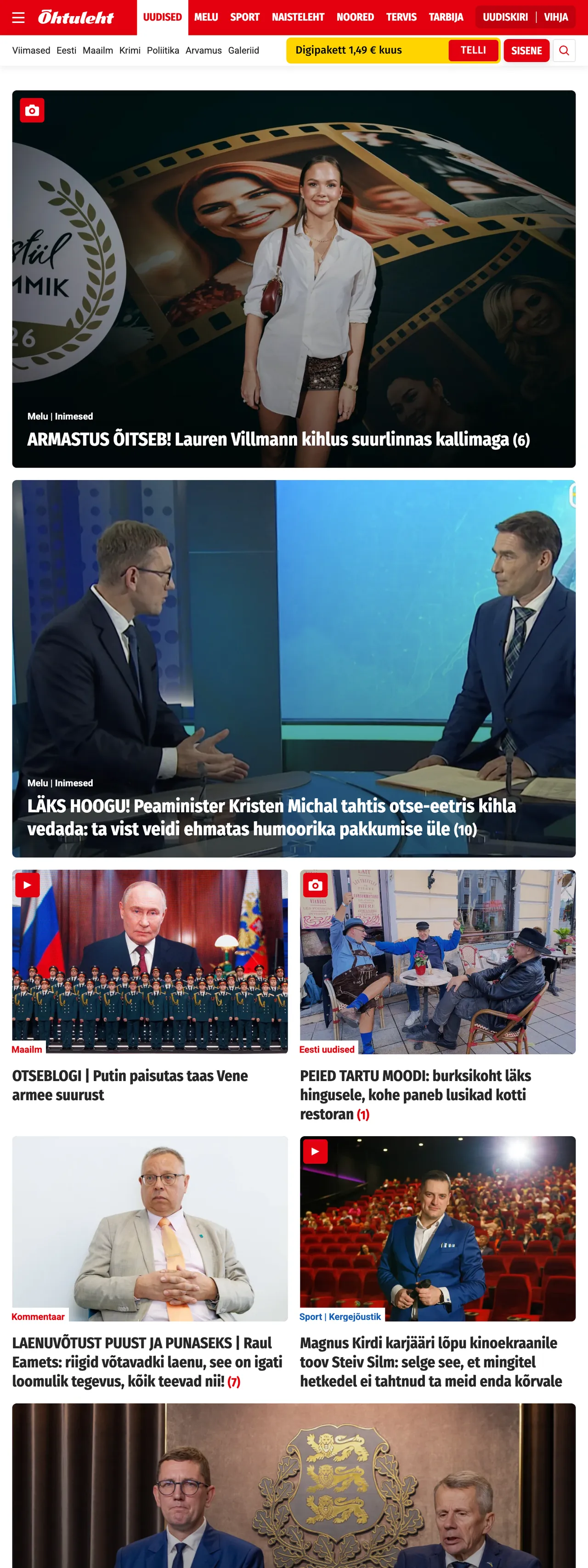 Screenshot of the Õhtuleht front page