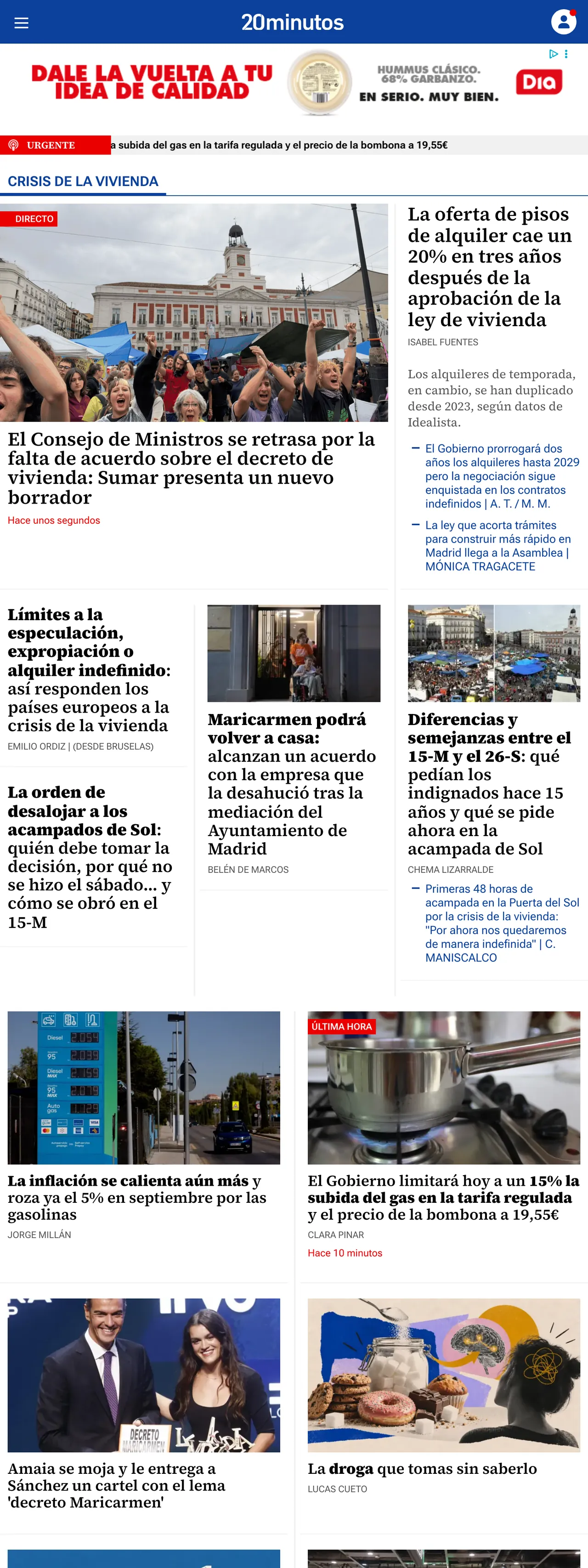 Screenshot of the 20minutos front page