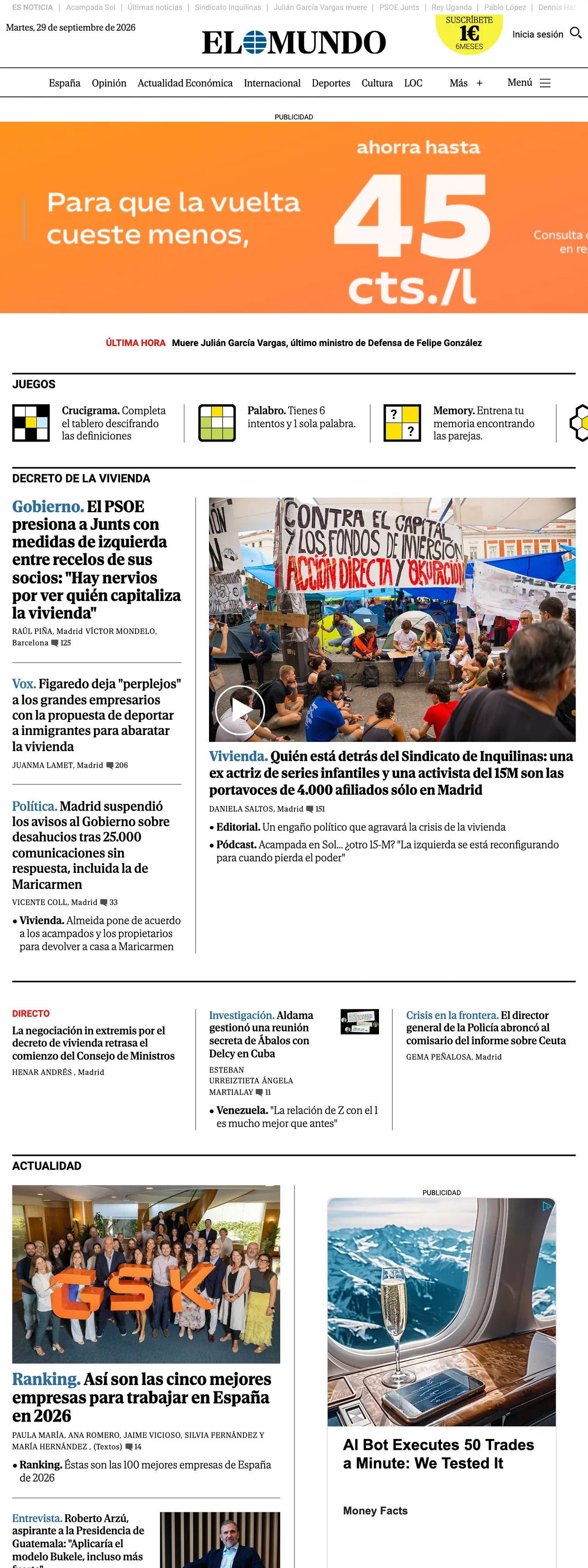 Screenshot of the El Mundo front page