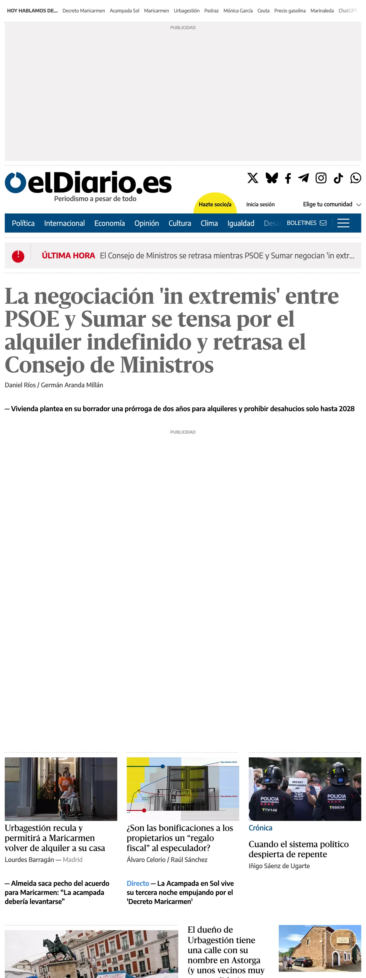 Screenshot of the elDiario.es front page