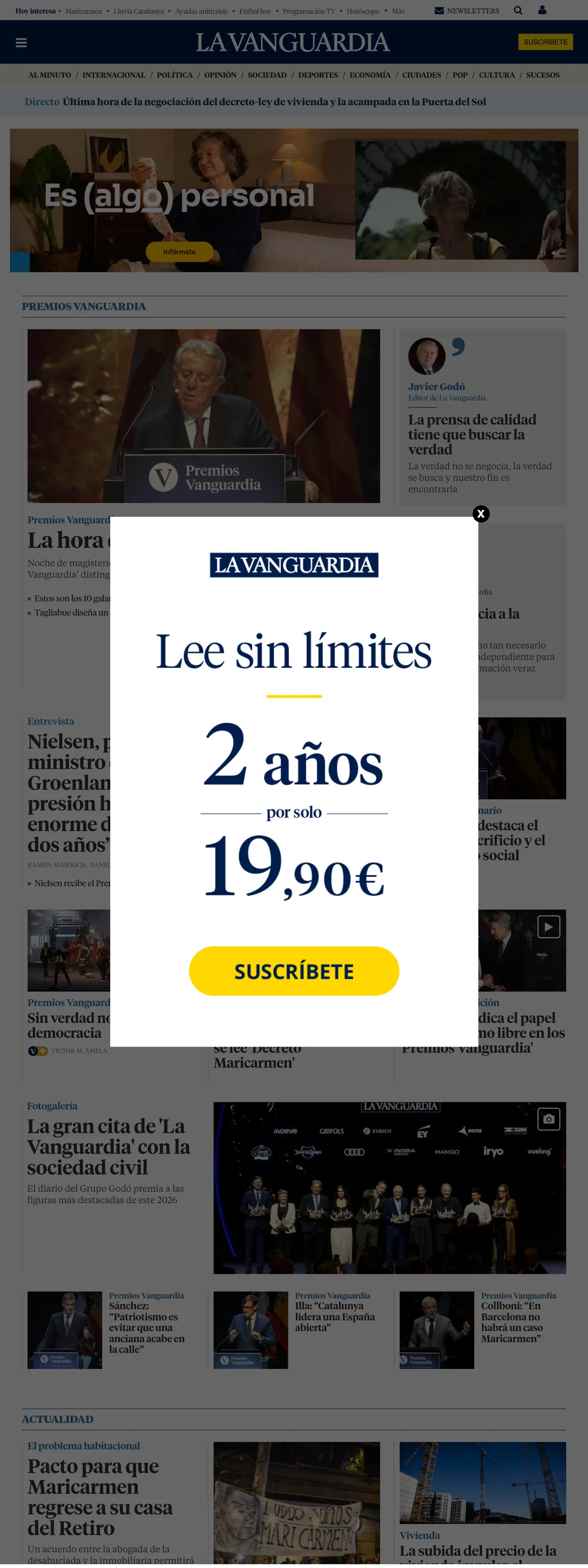 Screenshot of the La Vanguardia front page