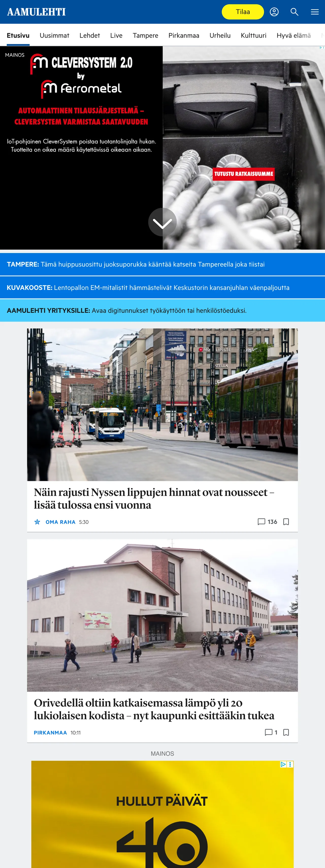 Screenshot of the Aamulehti front page