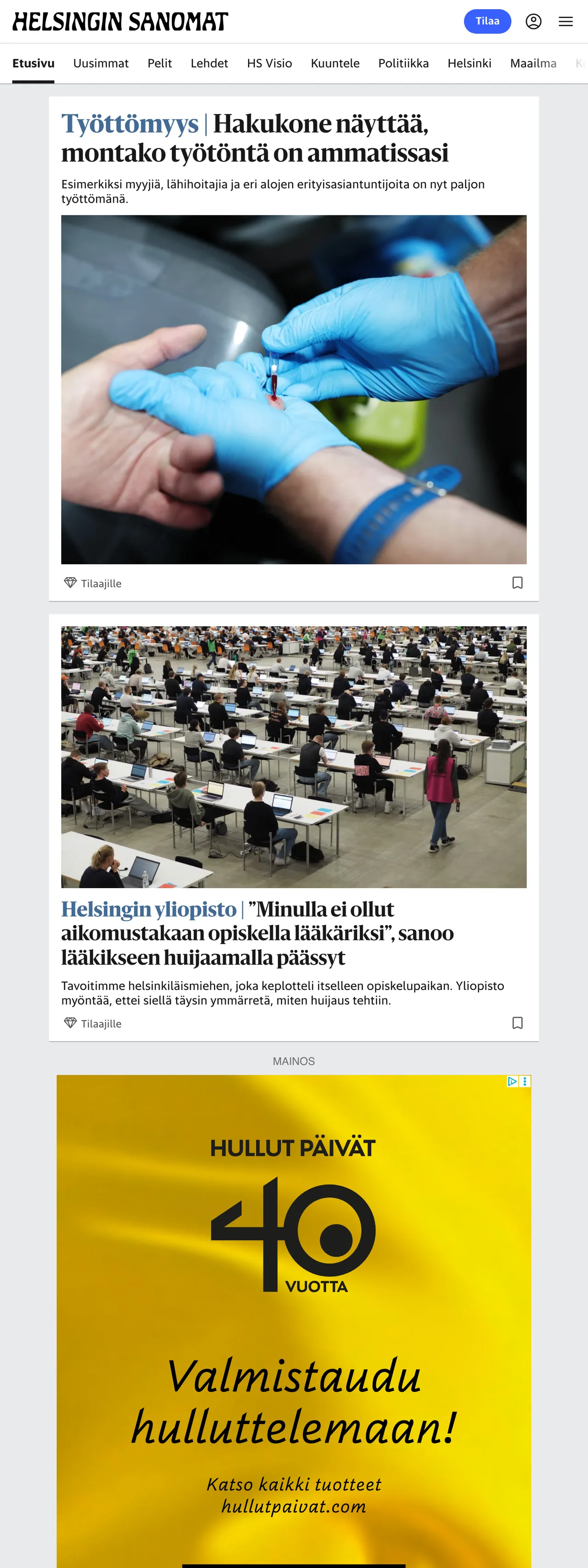 Screenshot of the Helsingin Sanomat front page