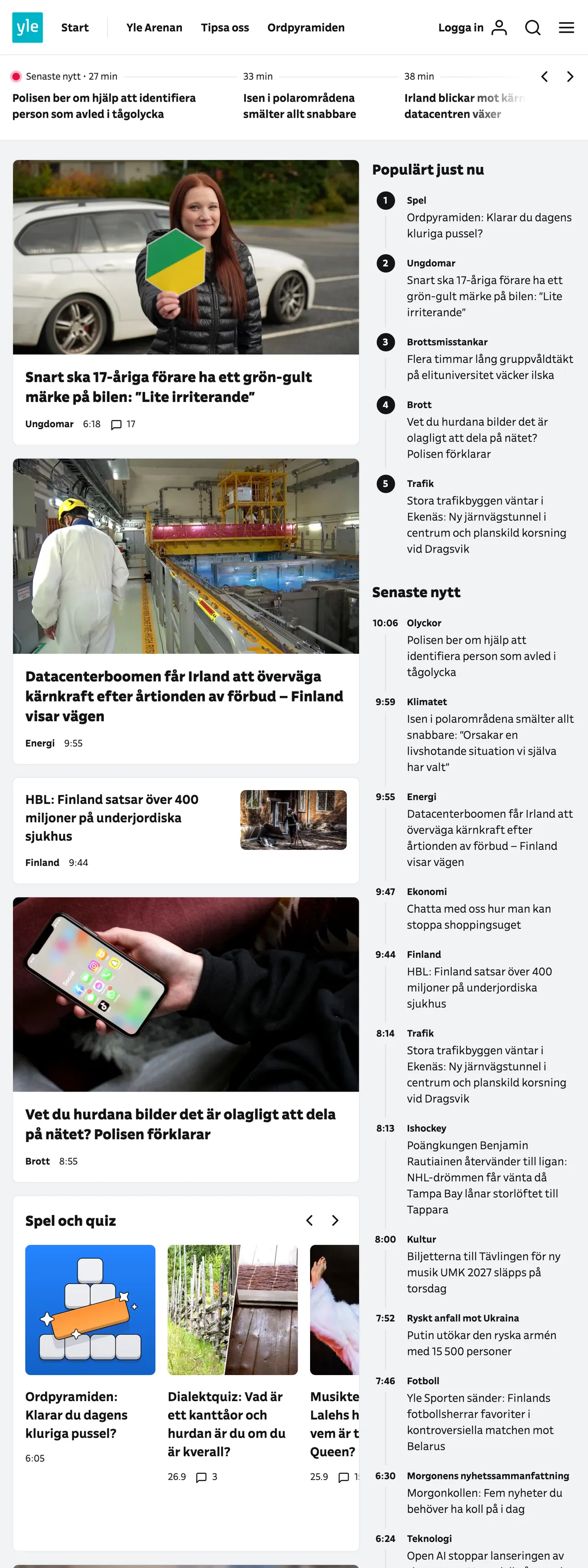 Screenshot of the Svenska Yle front page