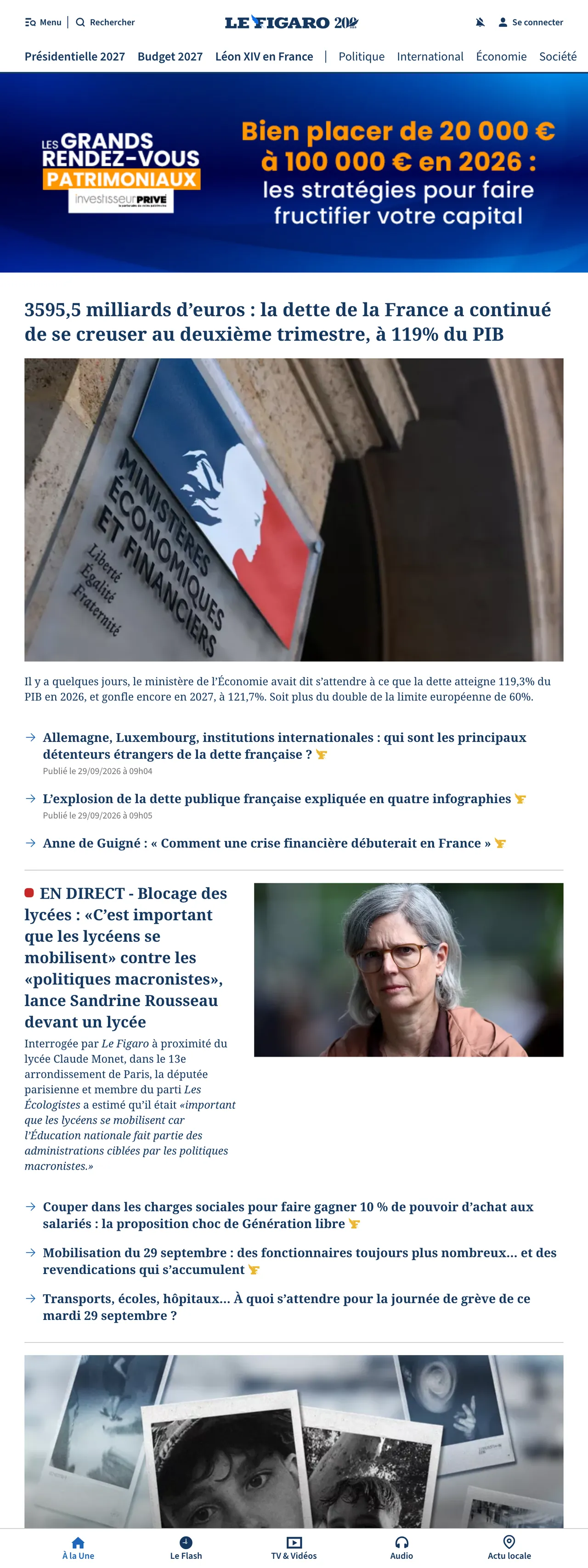 Screenshot of the Le Figaro front page