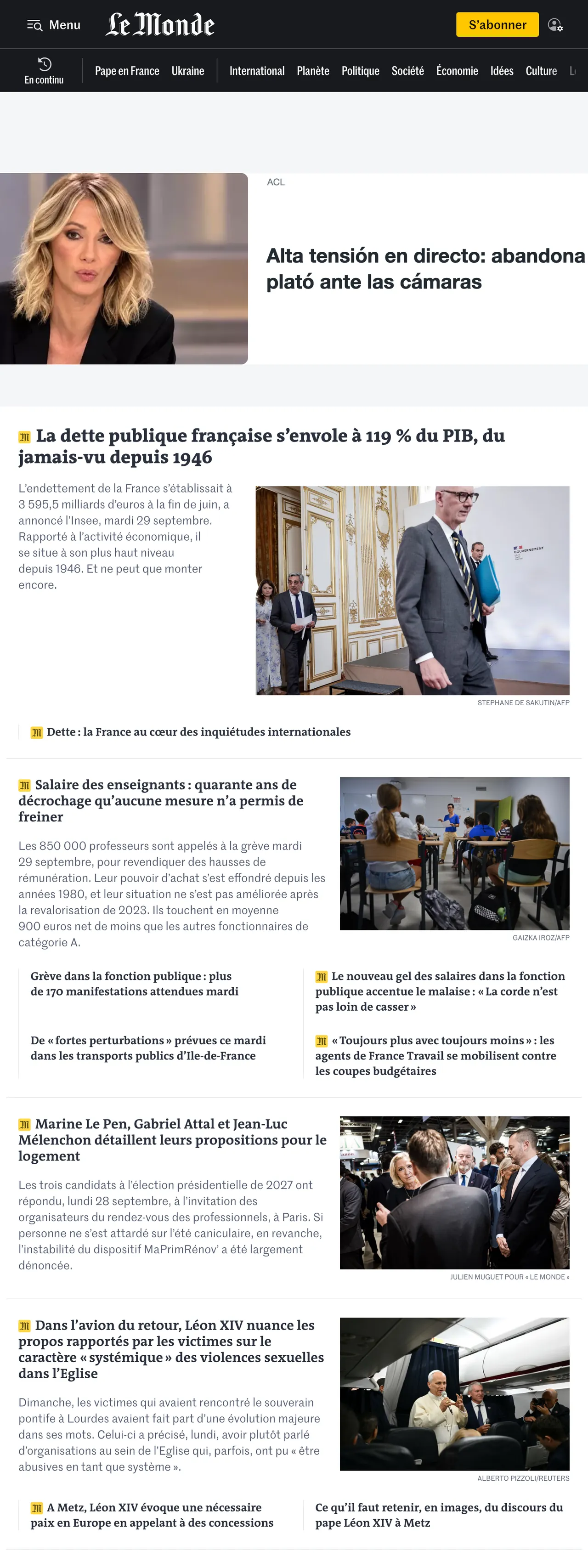 Screenshot of the Le Monde front page