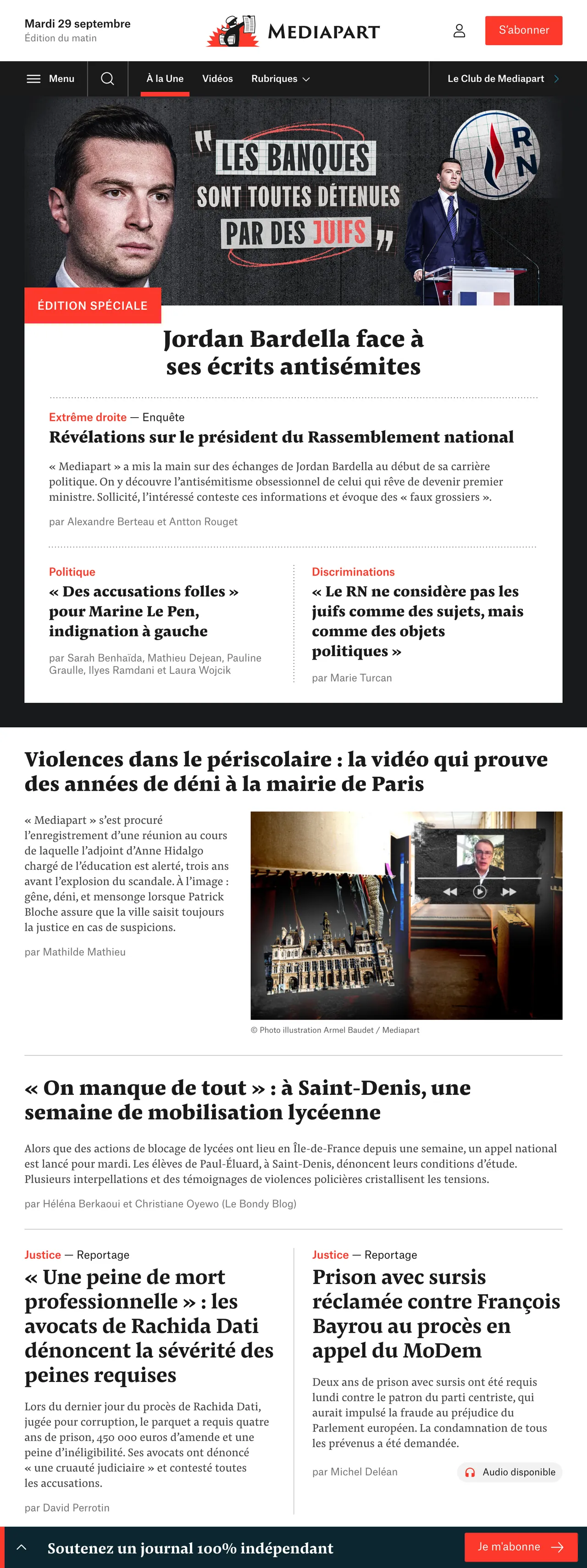 Screenshot of the Mediapart front page
