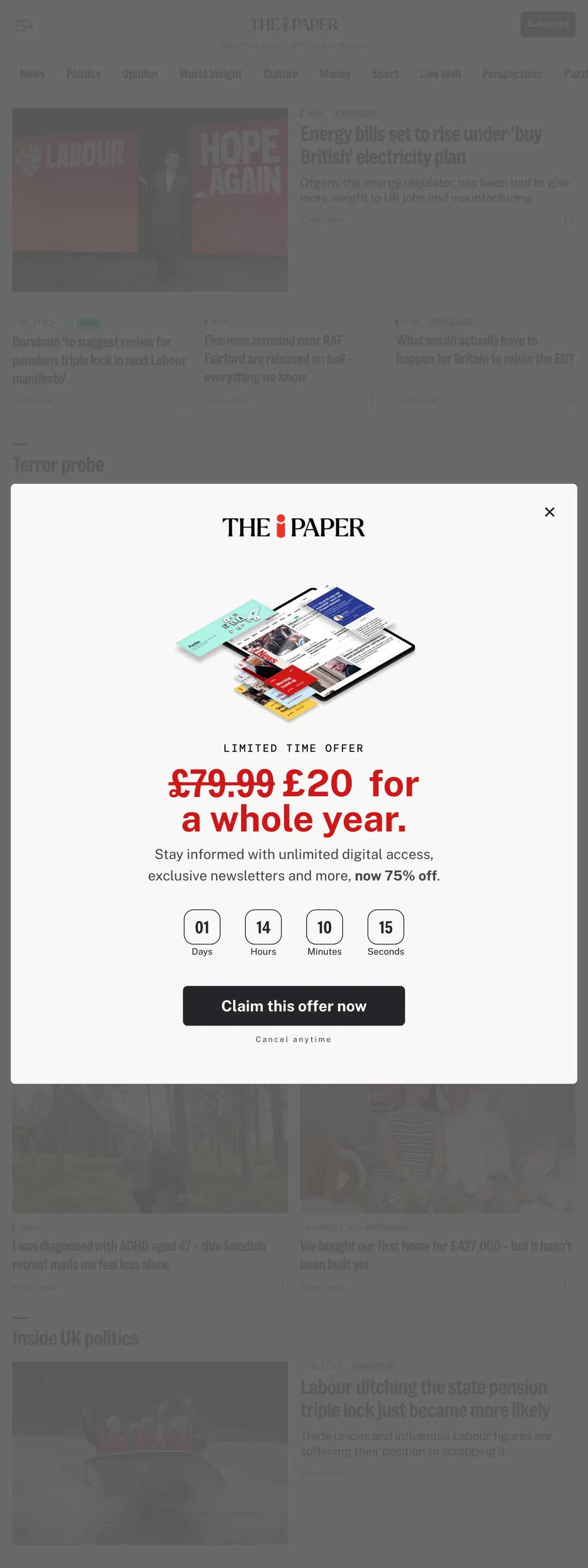 Screenshot of the The i Paper front page