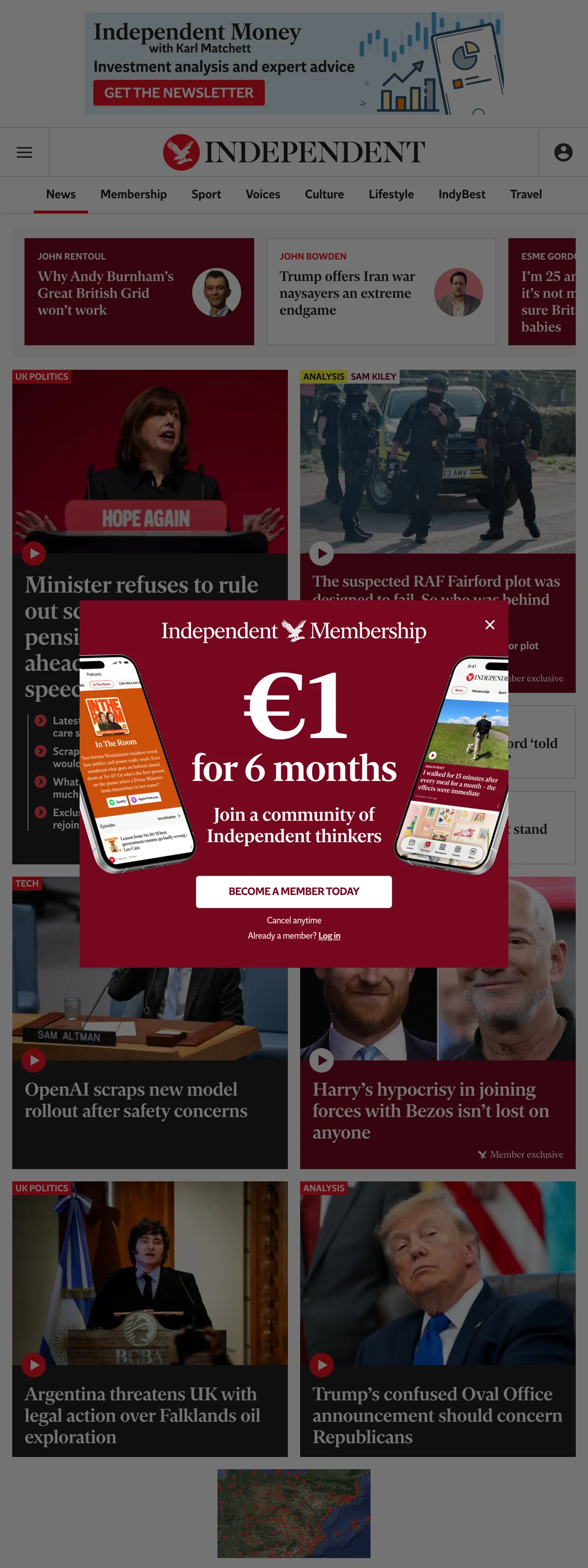Screenshot of the The Independent front page