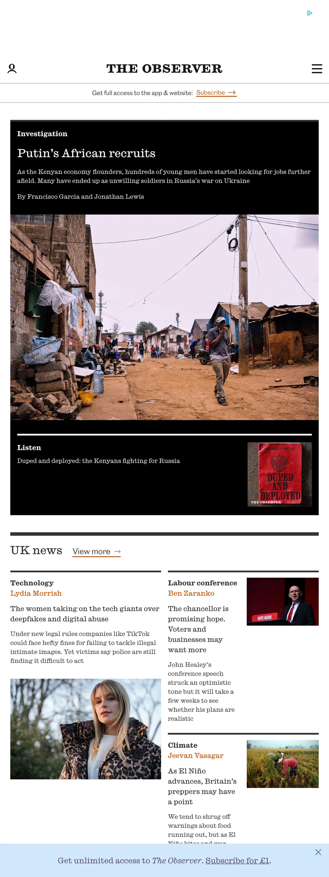 Screenshot of the The Observer front page