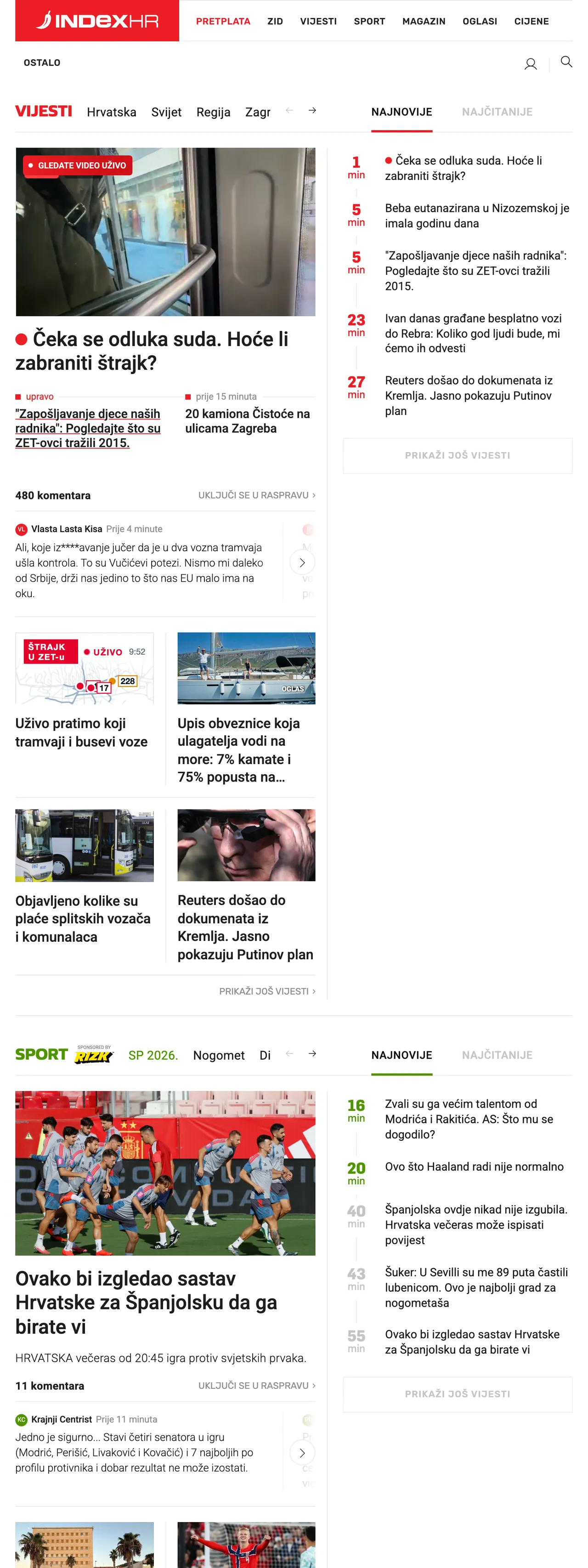 Screenshot of the Index.hr front page
