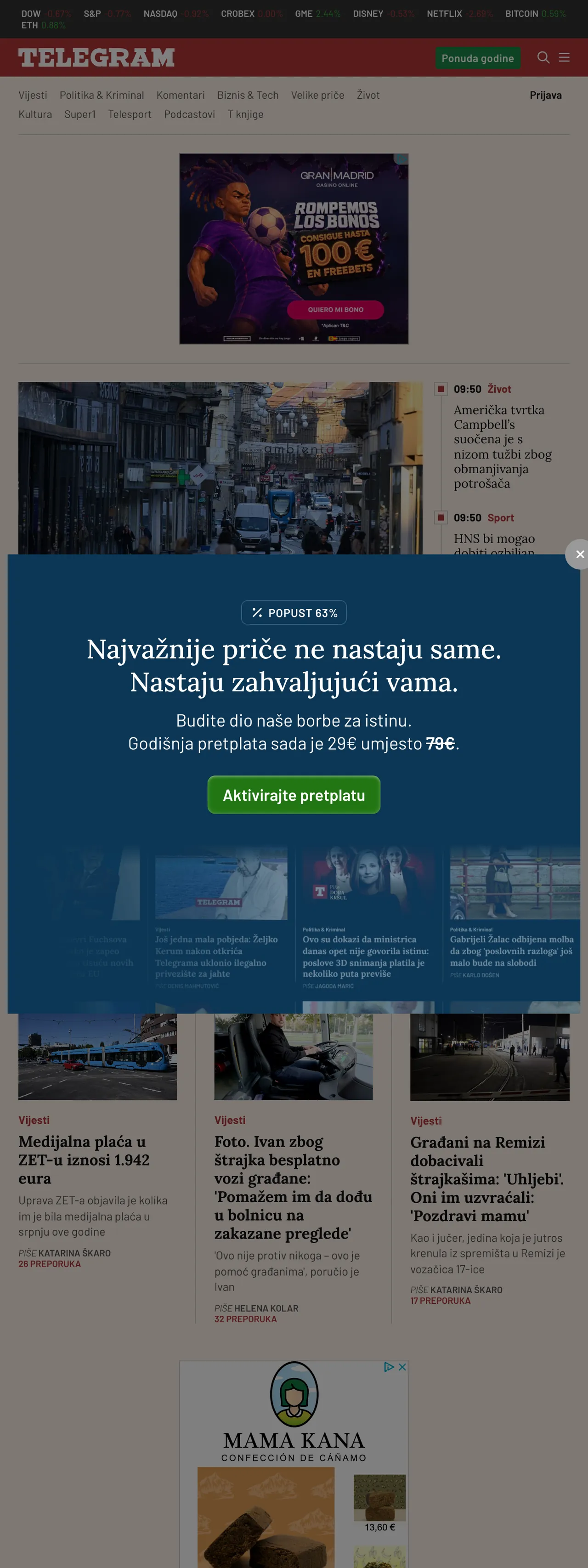 Screenshot of the Telegram.hr front page