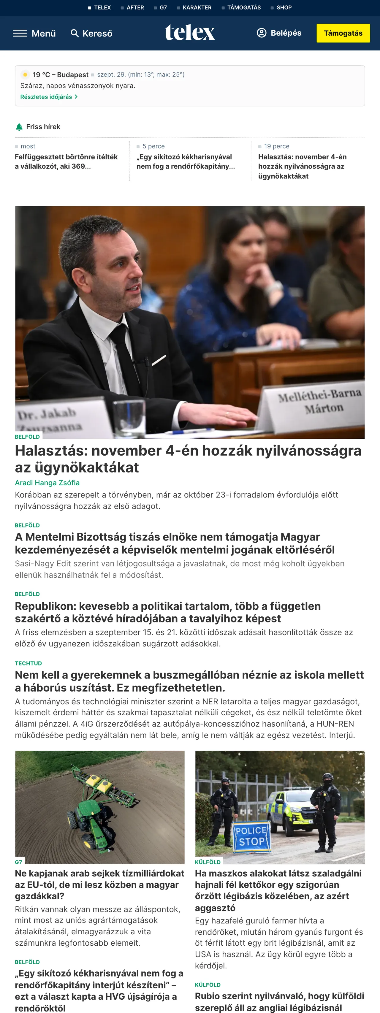 Screenshot of the Telex front page