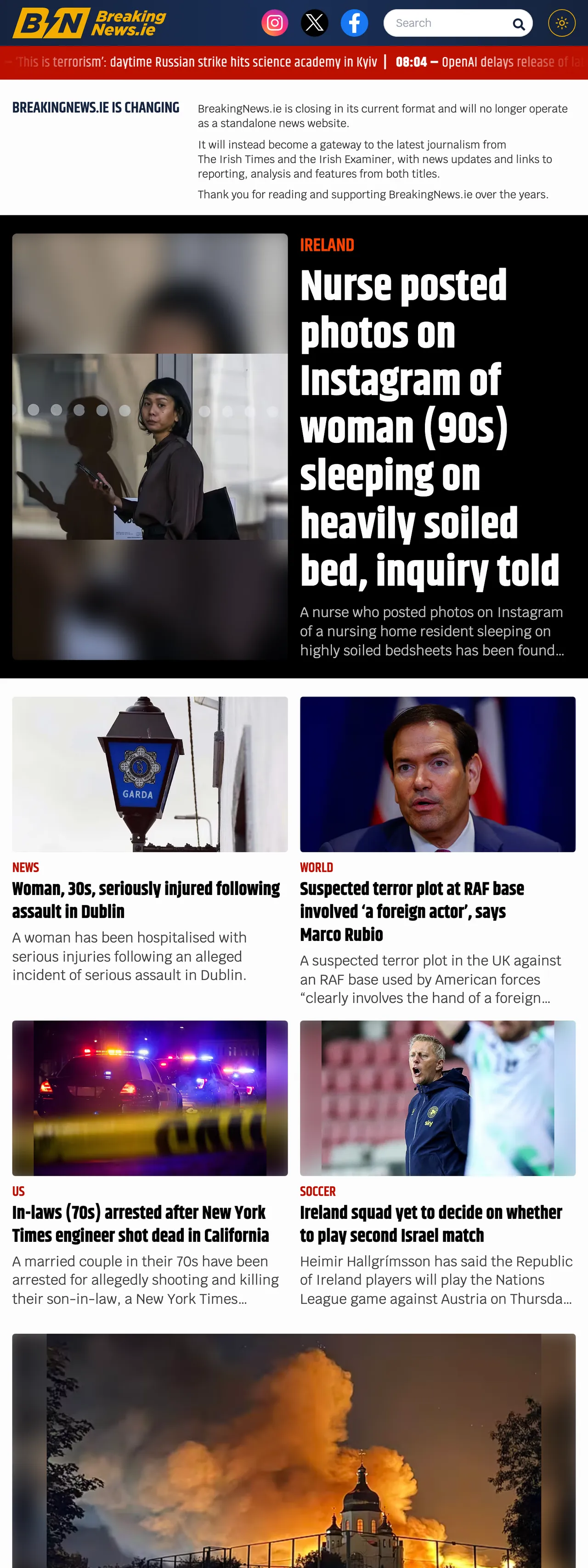 Screenshot of the BreakingNews.ie front page
