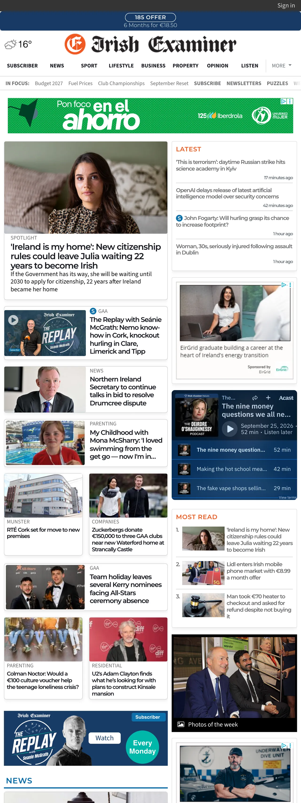 Screenshot of the Irish Examiner front page