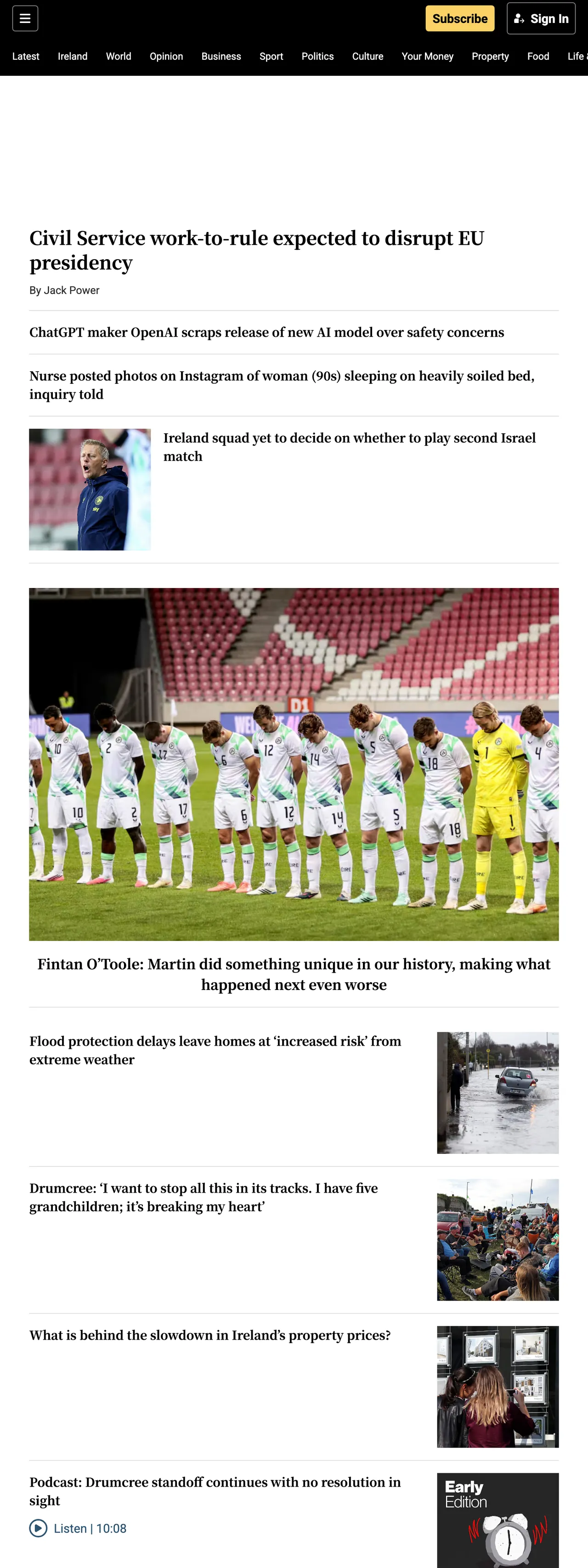 Screenshot of the The Irish Times front page