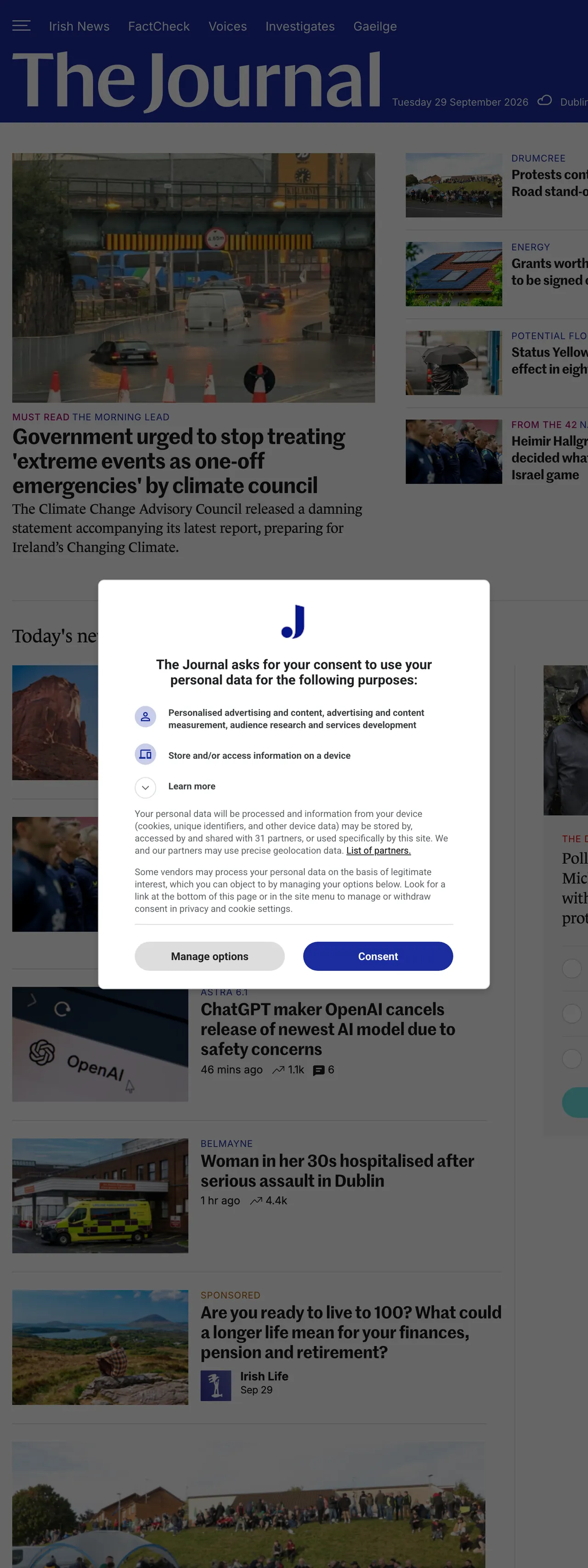 Screenshot of the TheJournal.ie front page