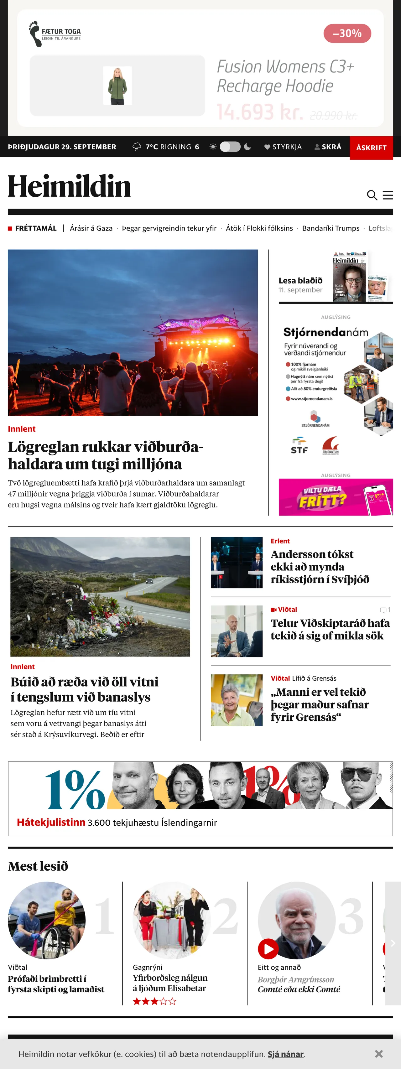Screenshot of the Heimildin front page