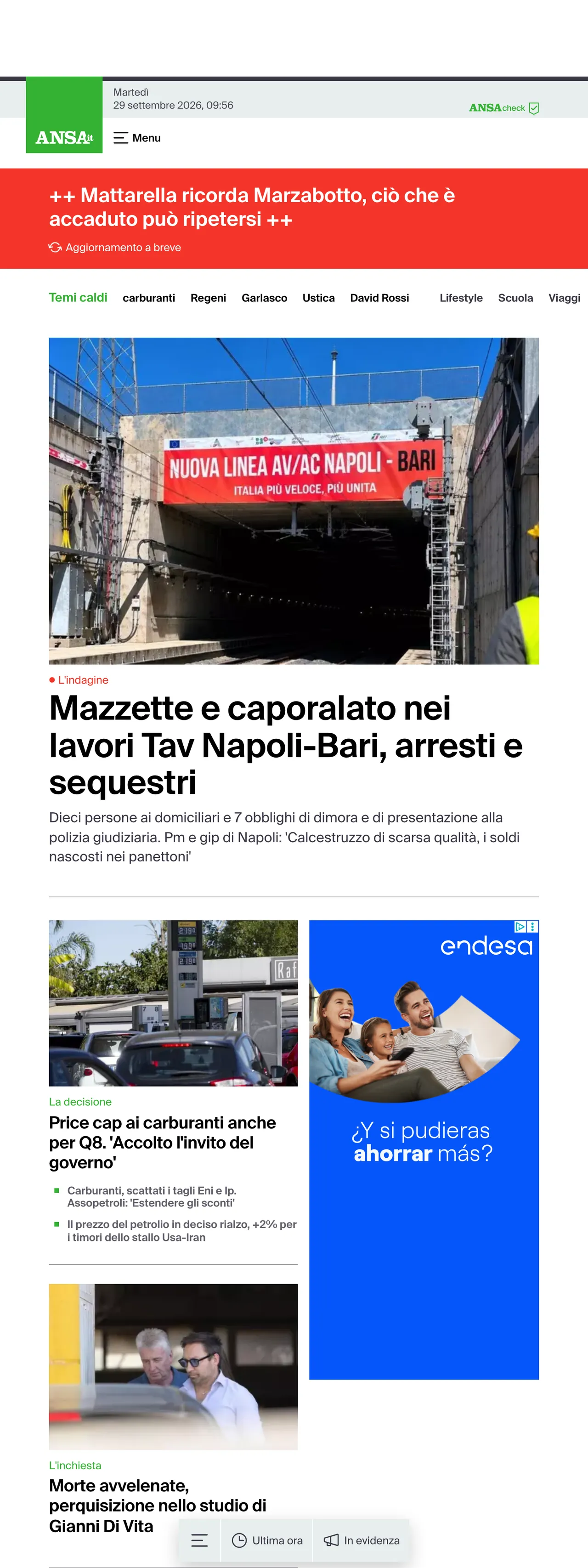 Screenshot of the ANSA front page