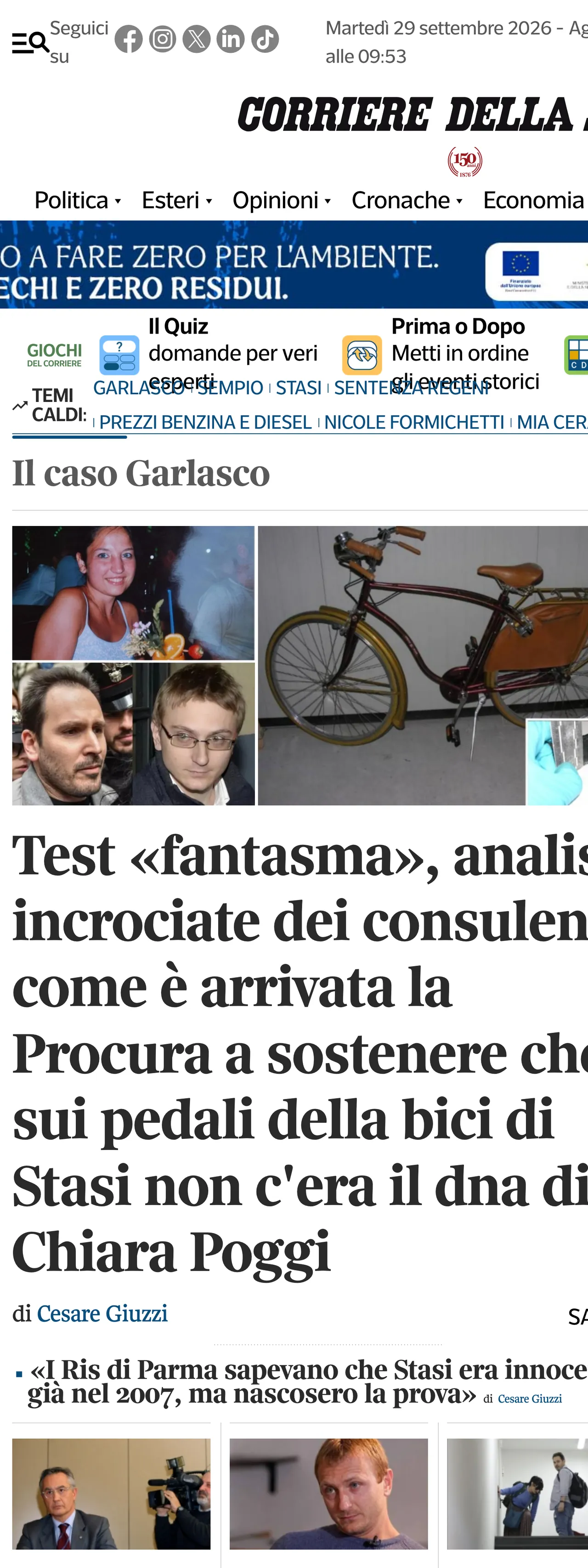 Screenshot of the Corriere della Sera front page