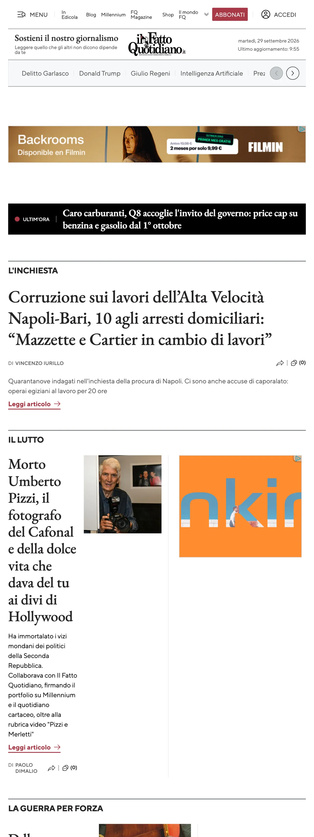 Screenshot of the Il Fatto Quotidiano front page
